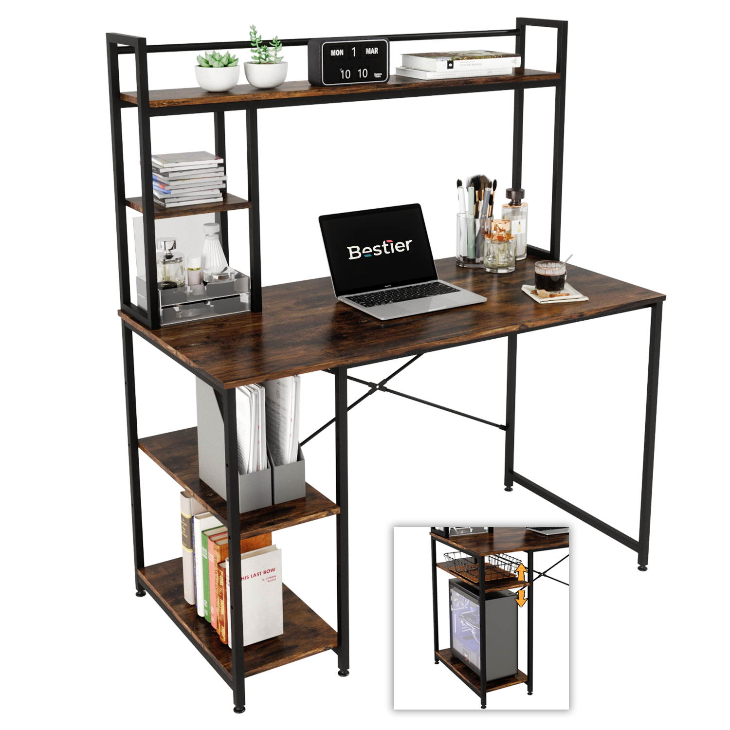Bestier Computer Desk with Hutch and Shelves 47 Inch, Adjustable Storage Bookshelf Home Office Study Working Table Workstation for Small Space and Bedroom, Modern College Student Desks, Oak