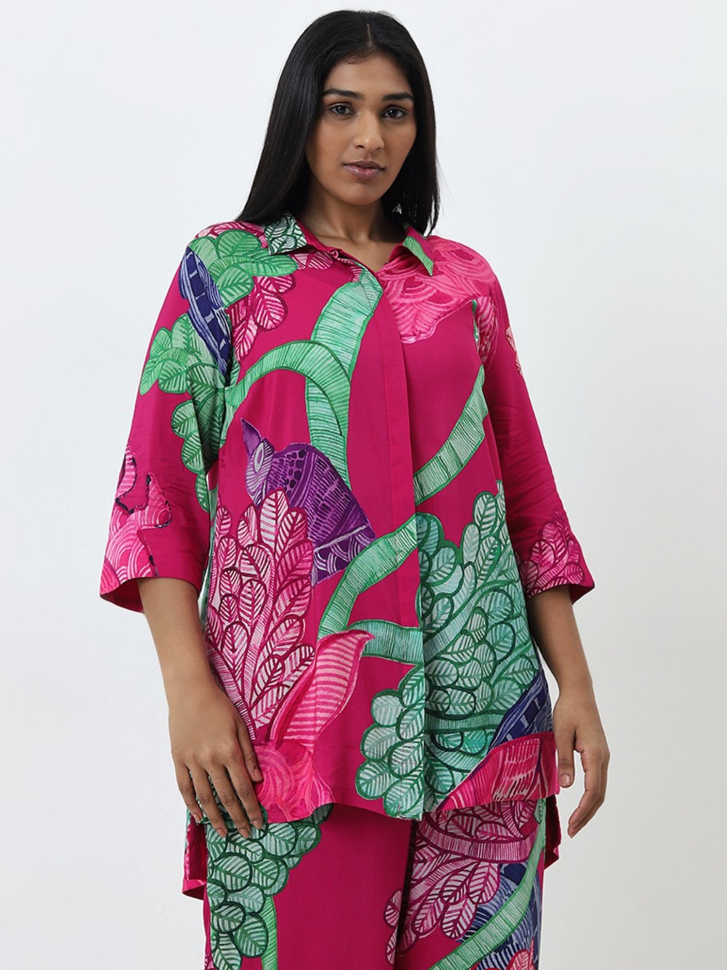 Diza by Westside Fuschia Pink Leaf Design Straight Ethnic Tunic