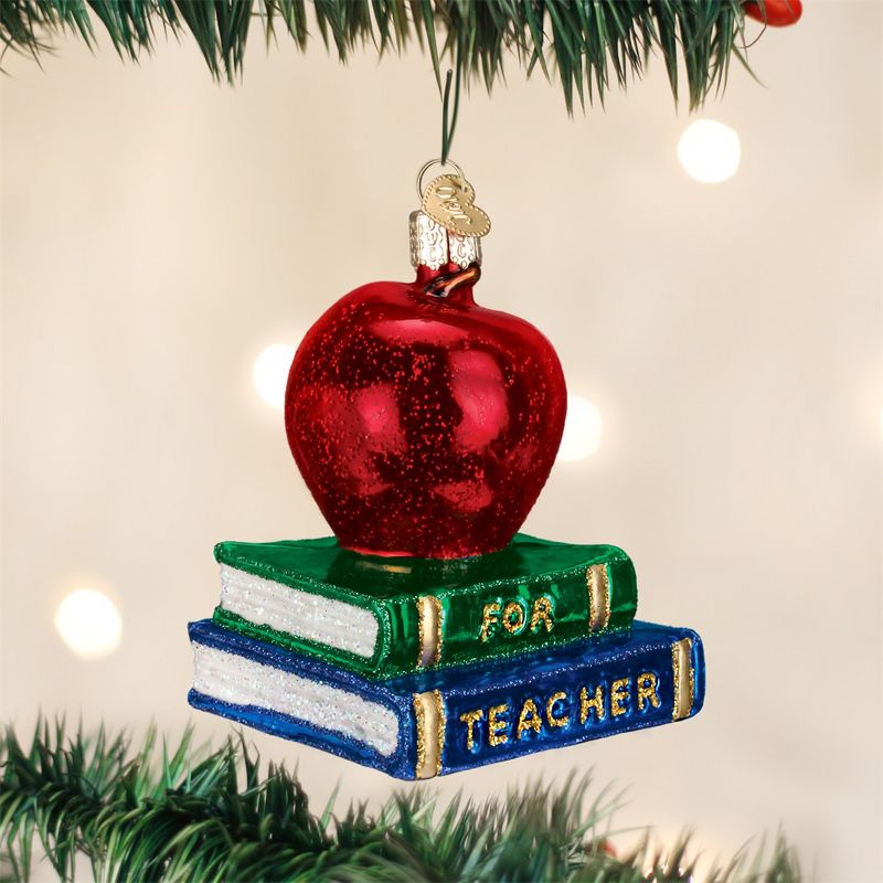 Old World Christmas 3.5" Old World Christmas Teacher's Apple and Books Glass Ornament #36128