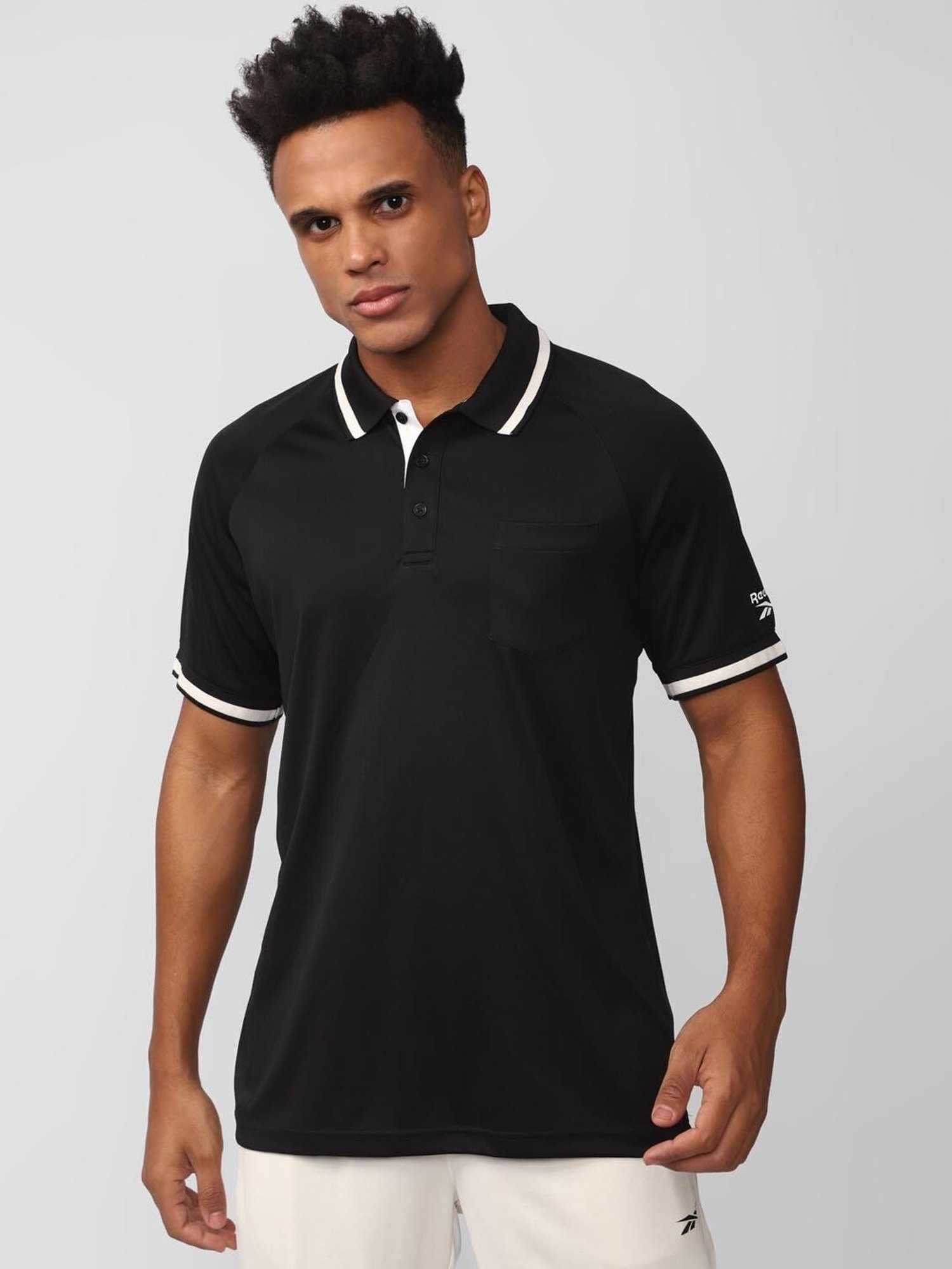 Reebok Black Slim Fit Printed Polo T-Shirt