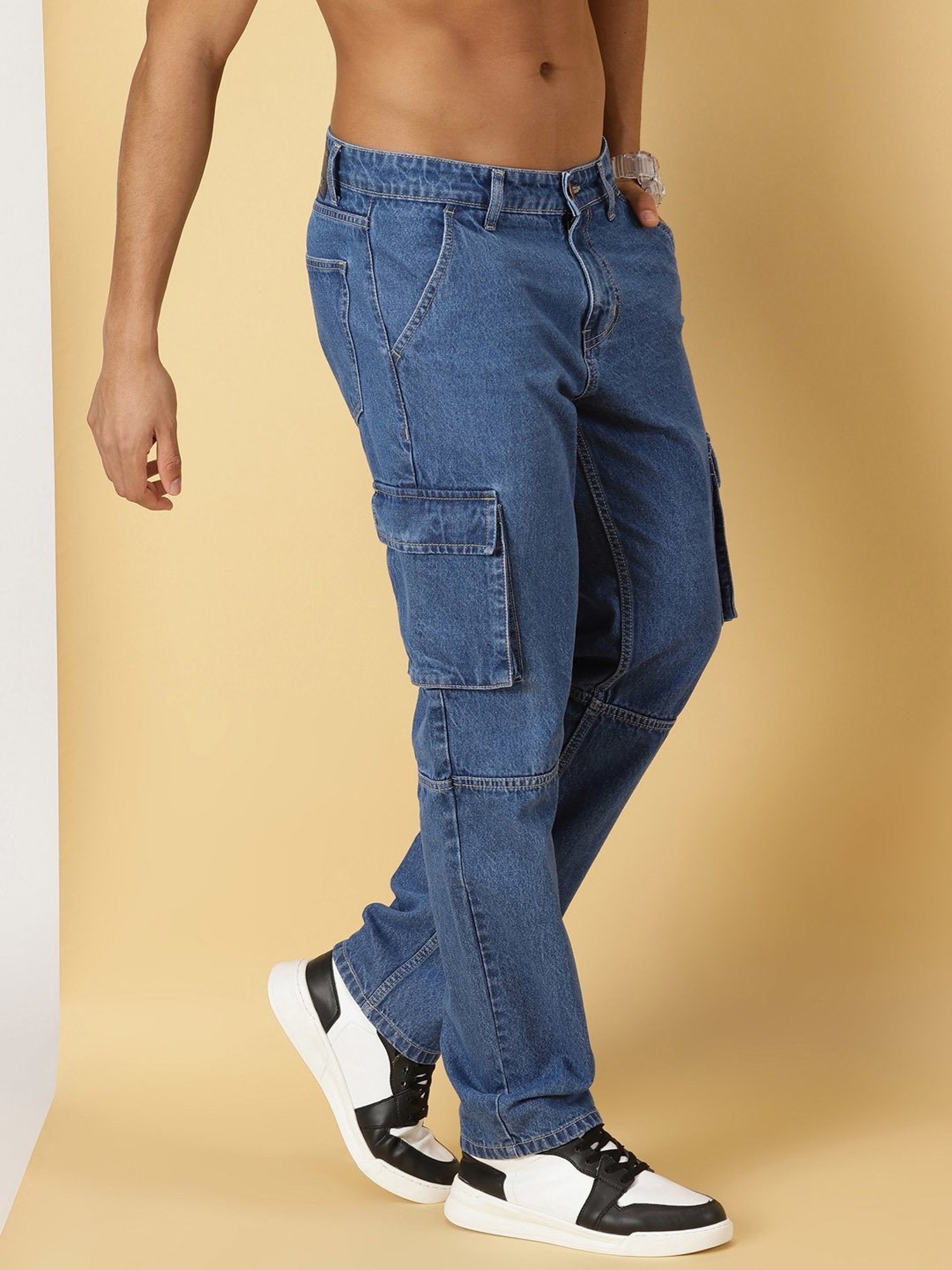 Thomas Scott Blue Relaxed Fit Lightly Washed Cargo Jeans