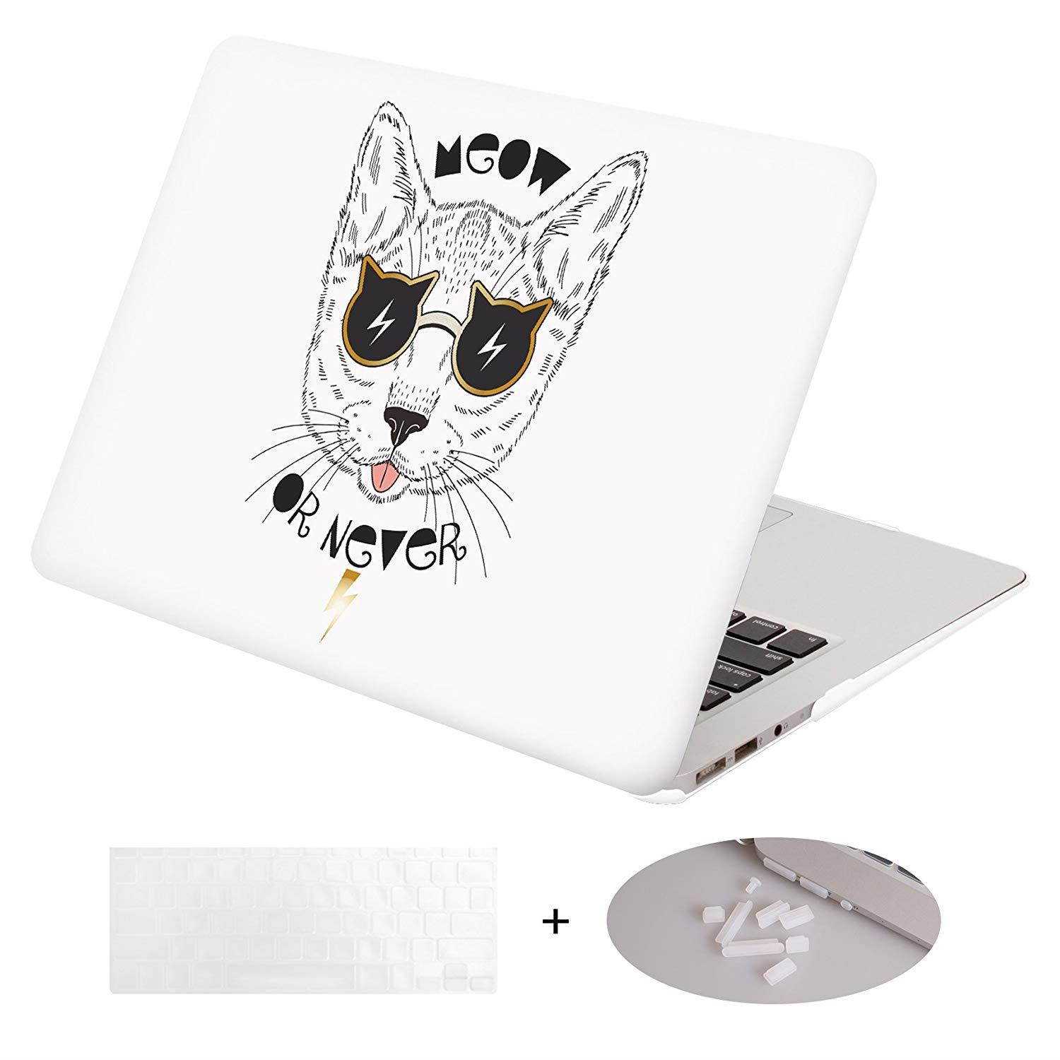 DWON MacBook Air 13 Inch Case with Keyboard Cover and Dust Plug for Apple MacBook Air 13 Inch Sleeve Model A1369 and A1466 - Cool Cat