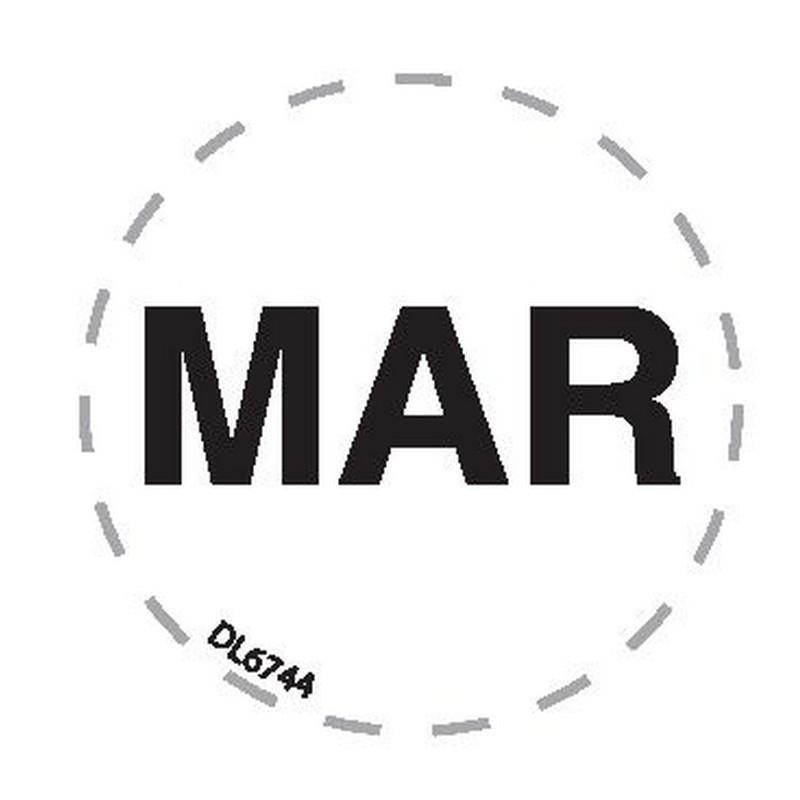 1" Diameter "Mar" Months of the year labels (500 per Roll)