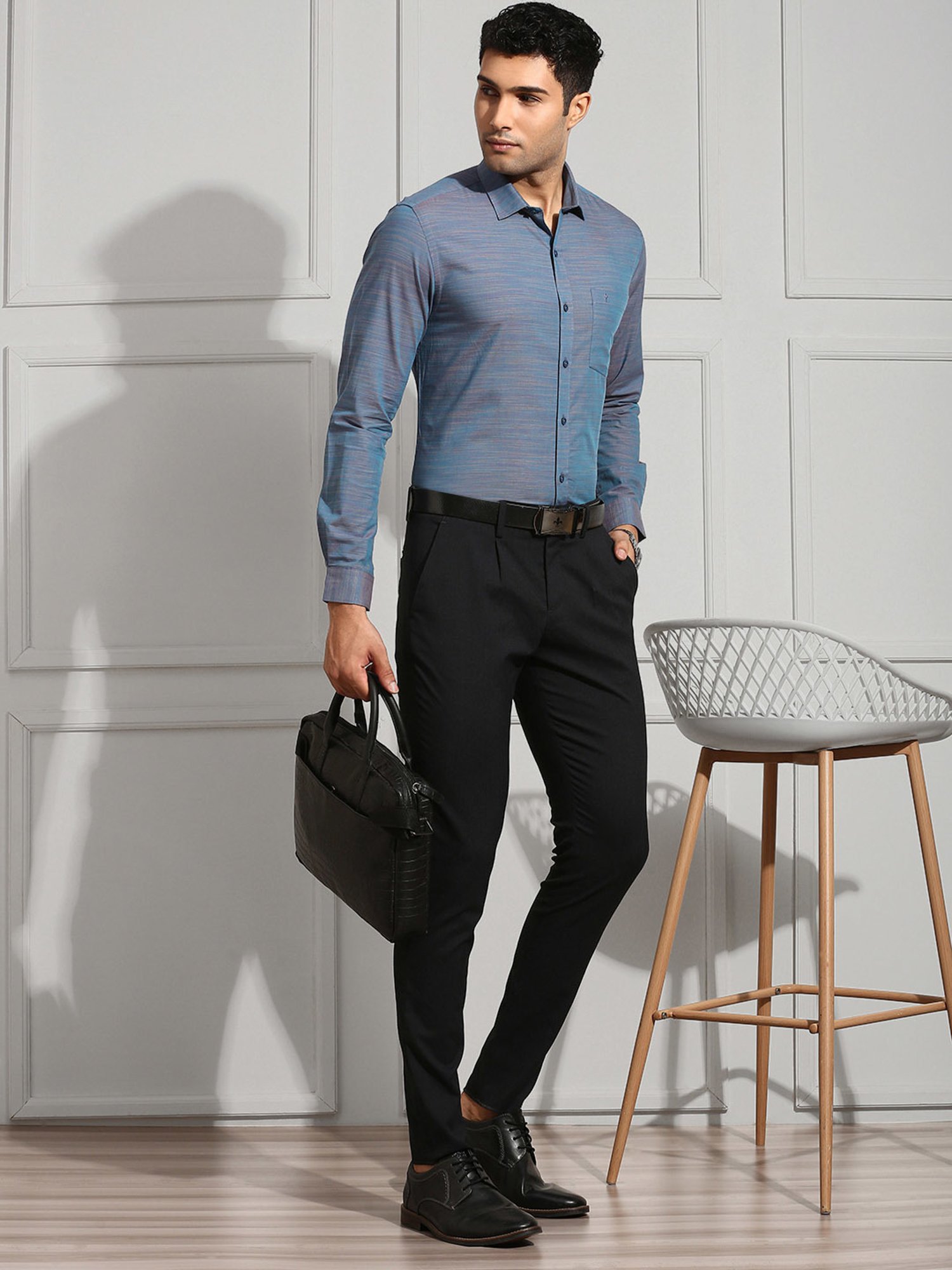 Ramraj Dark Blue Regular Fit Textured Cotton Shirt