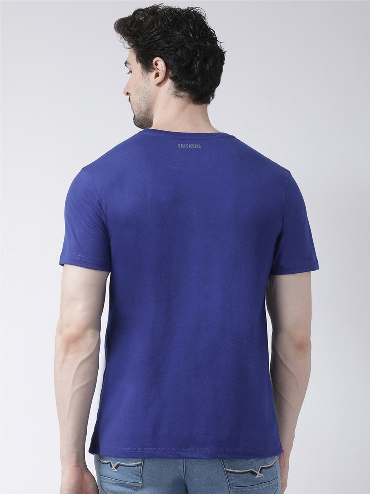 Friskers Blue Cotton Slim Fit Printed T-Shirt