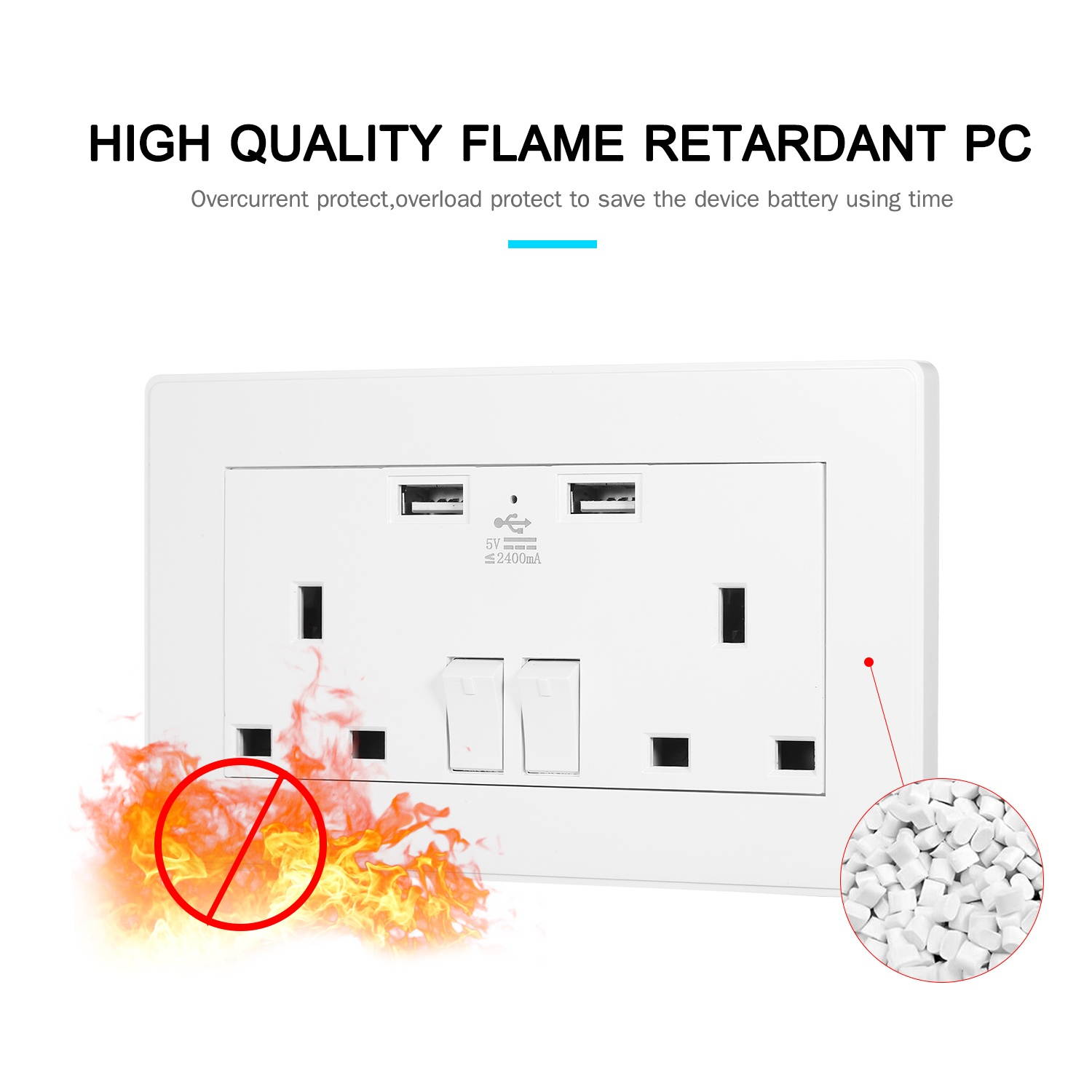 2 Gang 13A Outlet Individually Switched Dual Plug Socket with 2 USB Ports LED Indicator Light Wall Outlet UK Standard