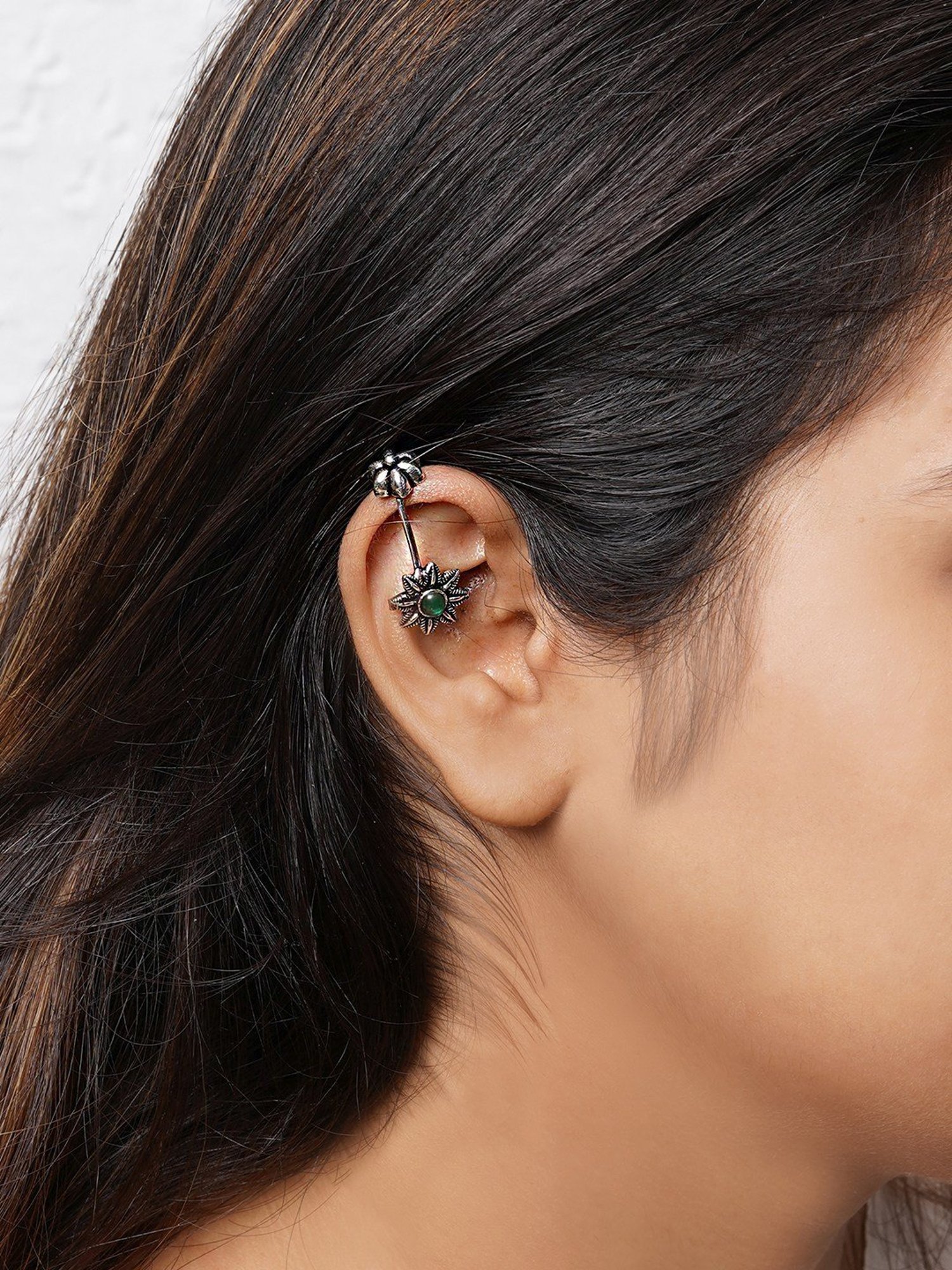 Teejh Ethnic Krisha Green Stone Silver Oxidsed Ear Cuff Earrings