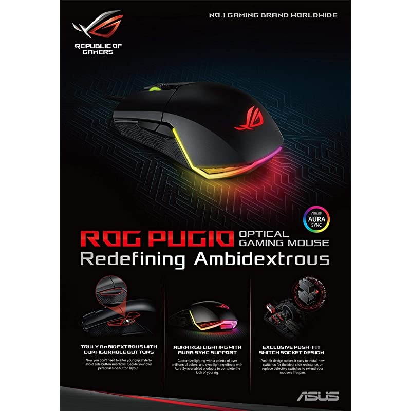 Optical Gaming Mouse ROG Pugio | Ergonomic amp Truly Ambidextrous PC Gaming Mouse | Configurable amp Swappable Side Buttons | 7200 DPI Optical Sensor | Aura Sync RGB ROG Armoury II