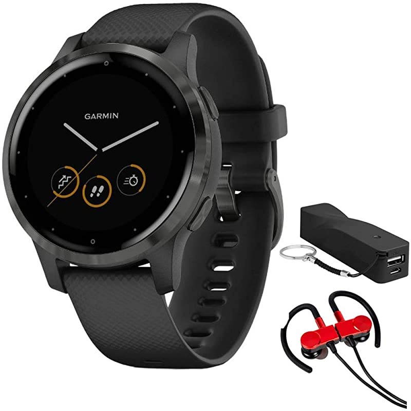 010-02172-11 Vivoactive 4S Smartwatch, Black/Slate Bundle with Deco Gear Magnetic Wireless Sport Earbuds, Red with Carrying Case and Voltix 2600mAh Portable Power Bank