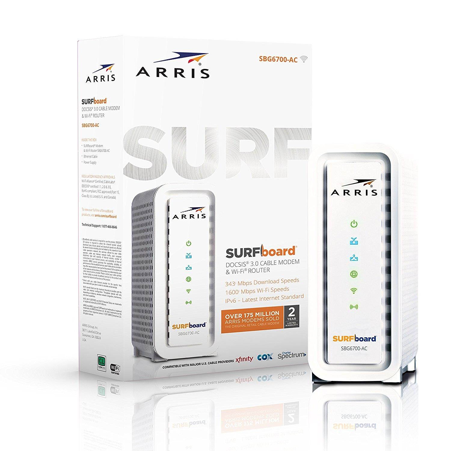 ARRIS SURFboard AC1600 DOCSIS 3.0 Cable Modem Router (SBG6700AC) Certified with Comcast Xfinity, Time Warner Cable, Charter, Cox, Cablevision, and more (White,Retail Packaging)