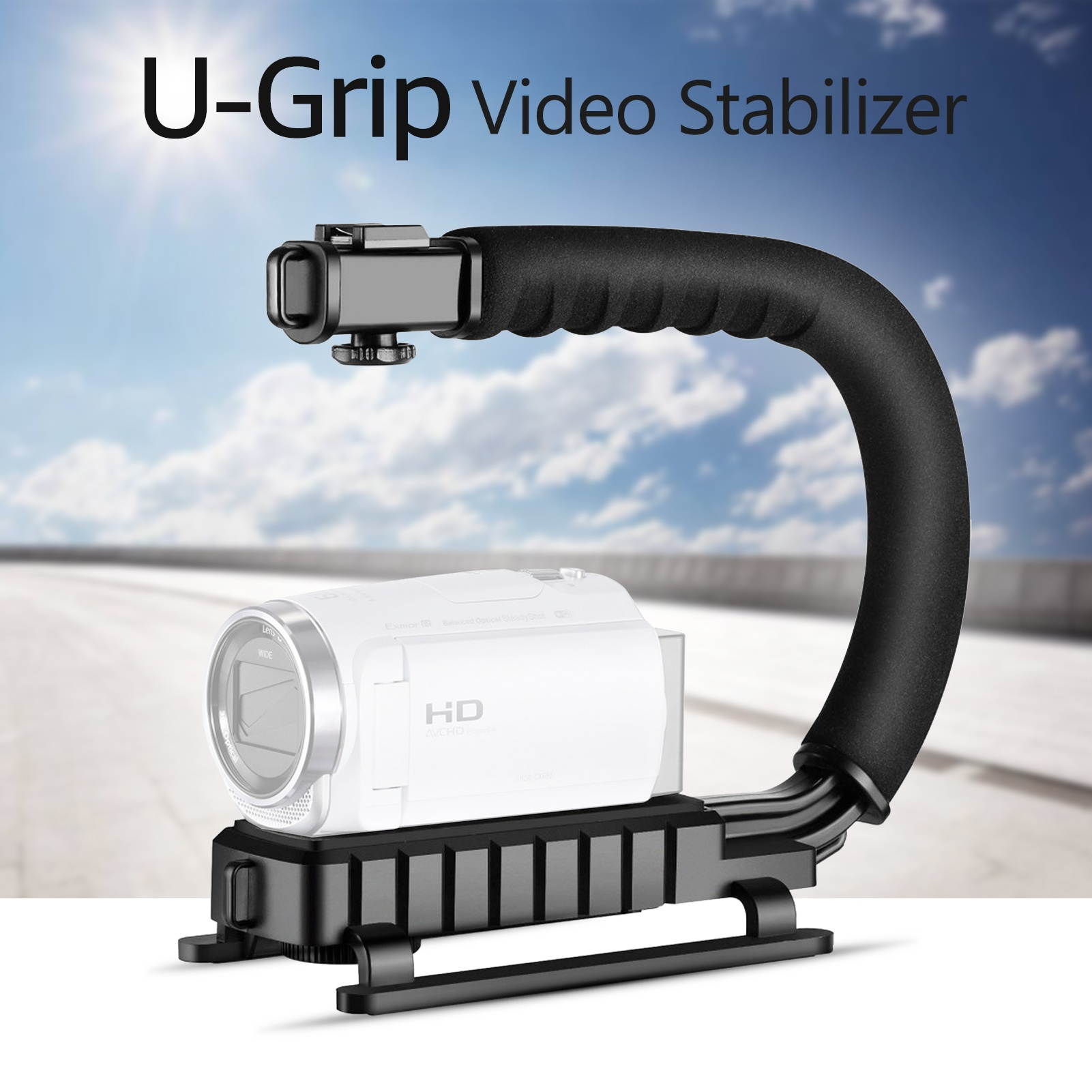 U-Grip Camcorder Stabilizer Handle DSLR Handheld Gimbal C-Shape Video Stabilizer with Flash Hot Shoe Mount Supports Up to 4.4lb for Smartphone and Camera