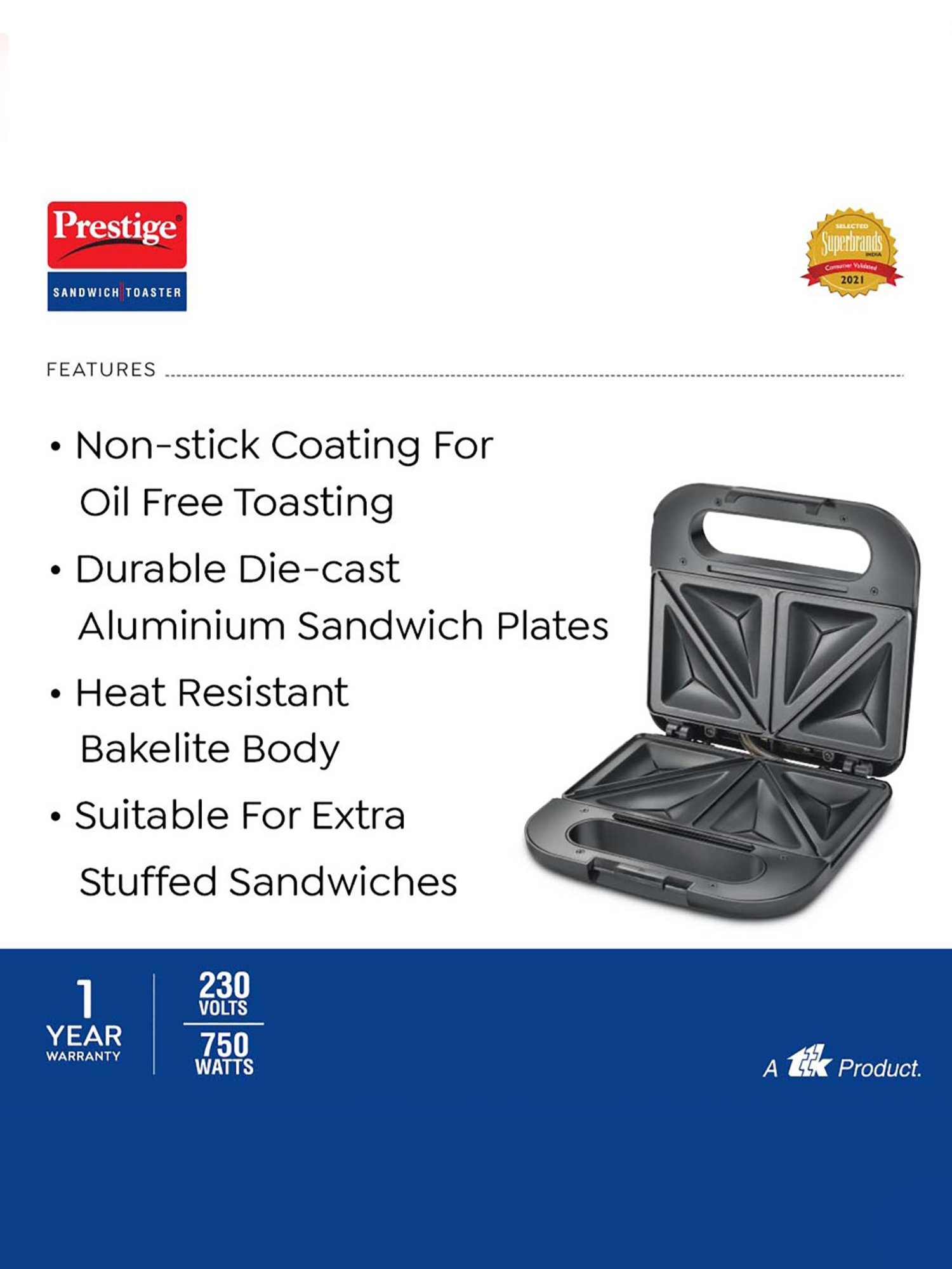 Borosil Sandwich Maker 2000W with Non stick coating (Black)