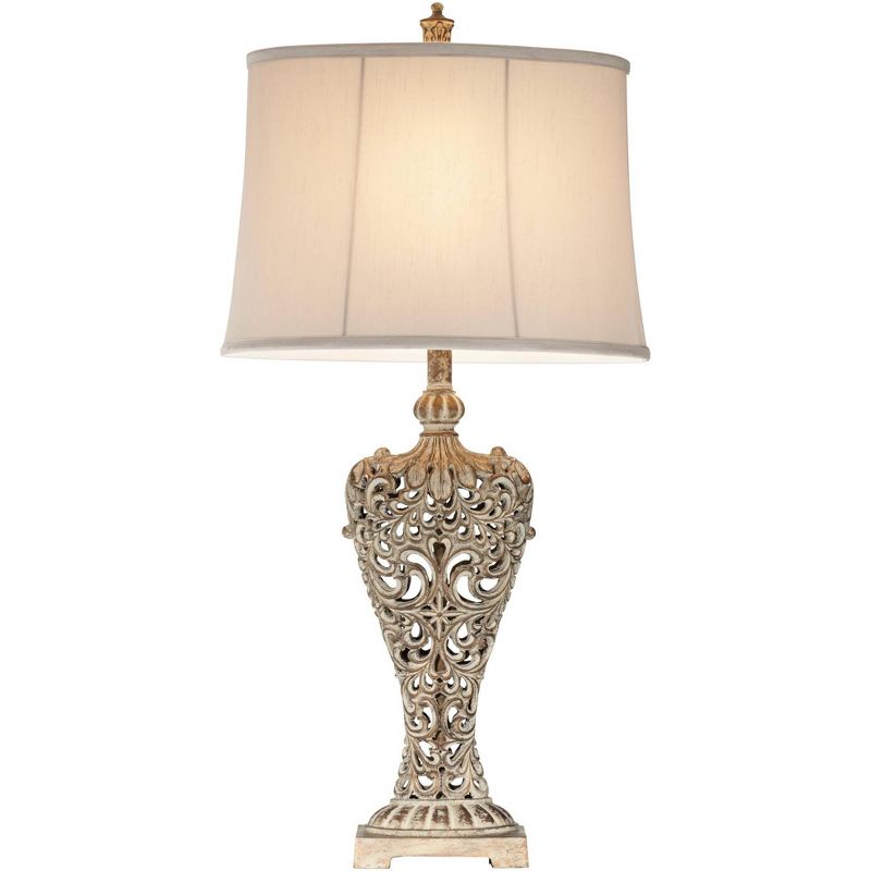 Regency Hill Antique Table Lamp Classic Gold Open Scroll Off White Oval Shade for Living Room Family Bedroom Bedside Nightstand