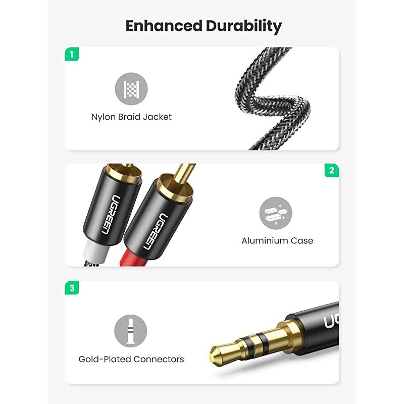 3.5mm to 2RCA Cable Nylon Braided Audio Auxiliary Adapter Stereo Y Splitter Cord for Smartphone Speakers Tablet HDTV MP3 Player (3ft)