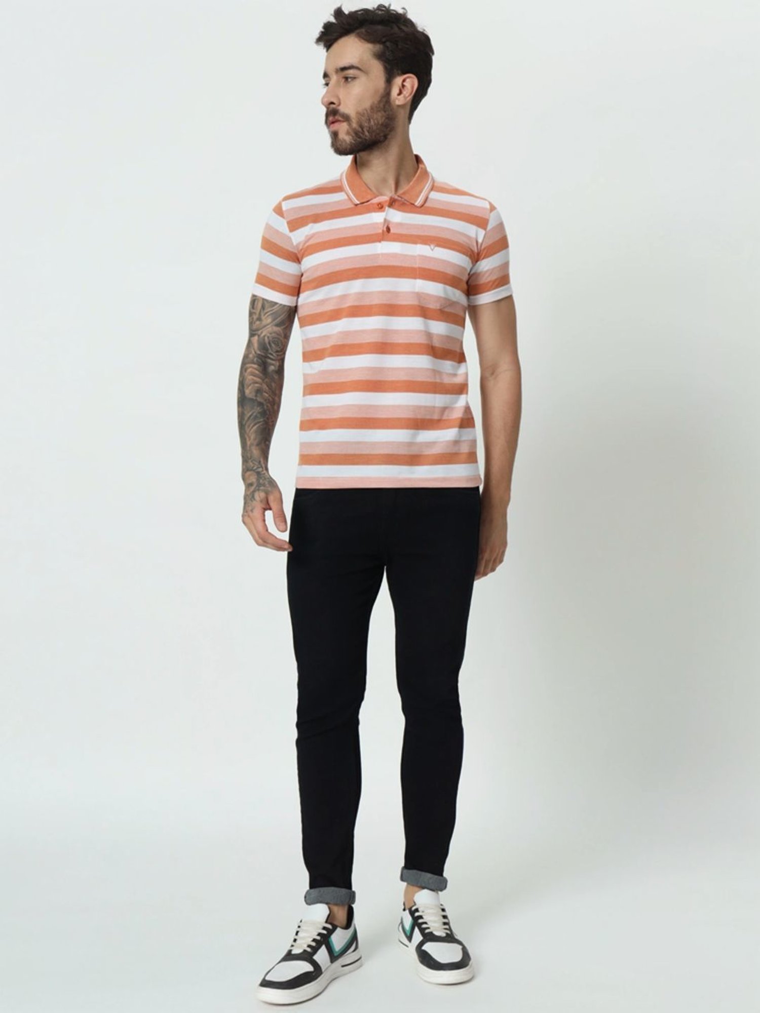 Tab91 Orange Regular Fit Striped Polo T-Shirts