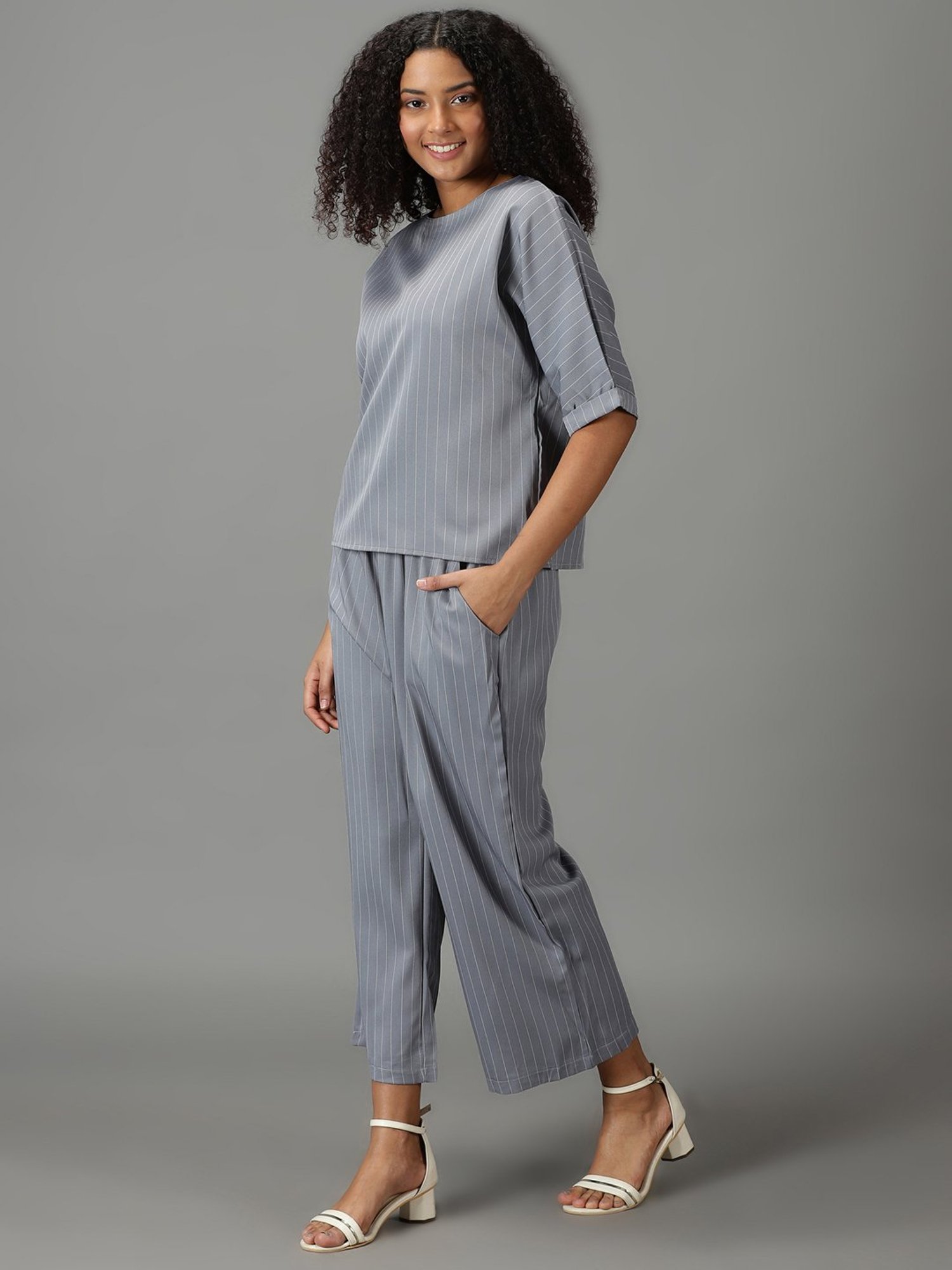 SHOWOFF Grey Striped Top With Trousers