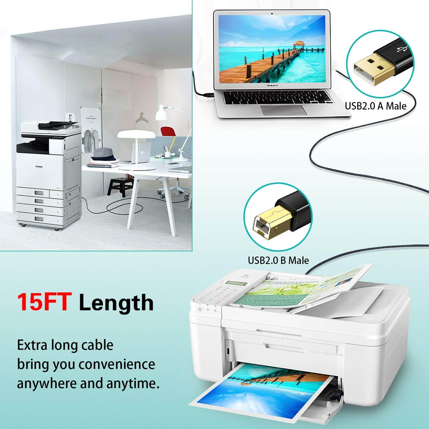 Printer Cable 15FT/5M USB Printer Cable iSeekerKit High Speed USB 2.0 Type A Male to B Male Braided USB Printer Scanner Cable Compatible with HP Canon Dell Lexmark Xerox Samsung
