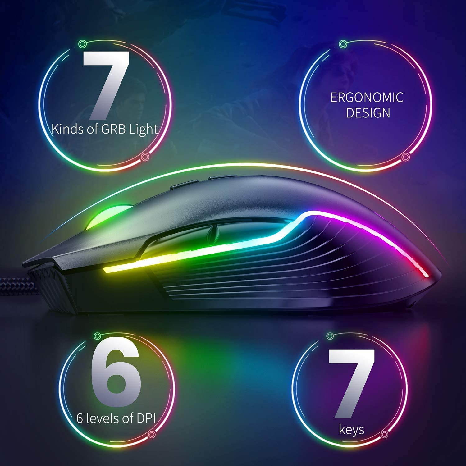 Gaming Mouse Wired, USB Optical Computer Mice with RGB Backlit, 2 Adjustable DPI Up to 2400, Ergonomic Gamer Laptop PC Mouse   for Windows 7/8/10/XP -Black