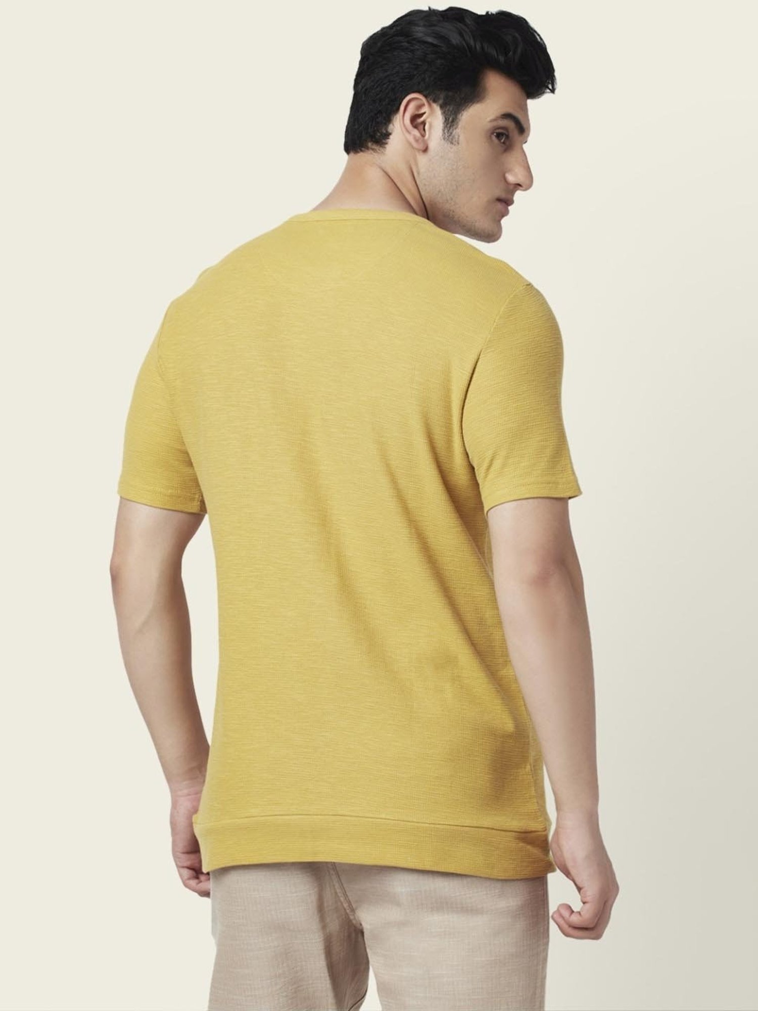 7 Alt by Pantaloons Mustard Yellow Cotton Slim Fit Self Pattern T-Shirt