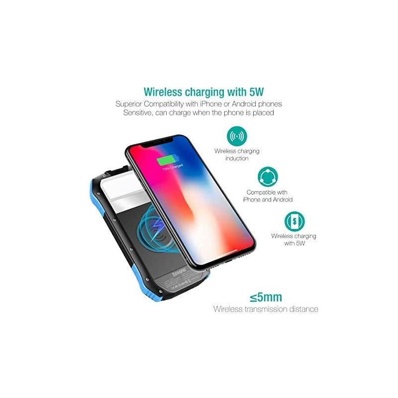Power Bank  Solar Charger with Qi Wireless Charger and 2 USB Port Ultra Waterproof Portable Phone Charger 16000mAh External Battery Pack with 15 LEDs Flashlight for iPhone iPad Samsung