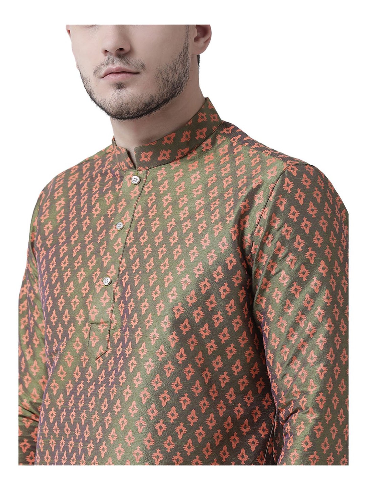 Deyann Green & Orange Mandarin Collar Kurta Set