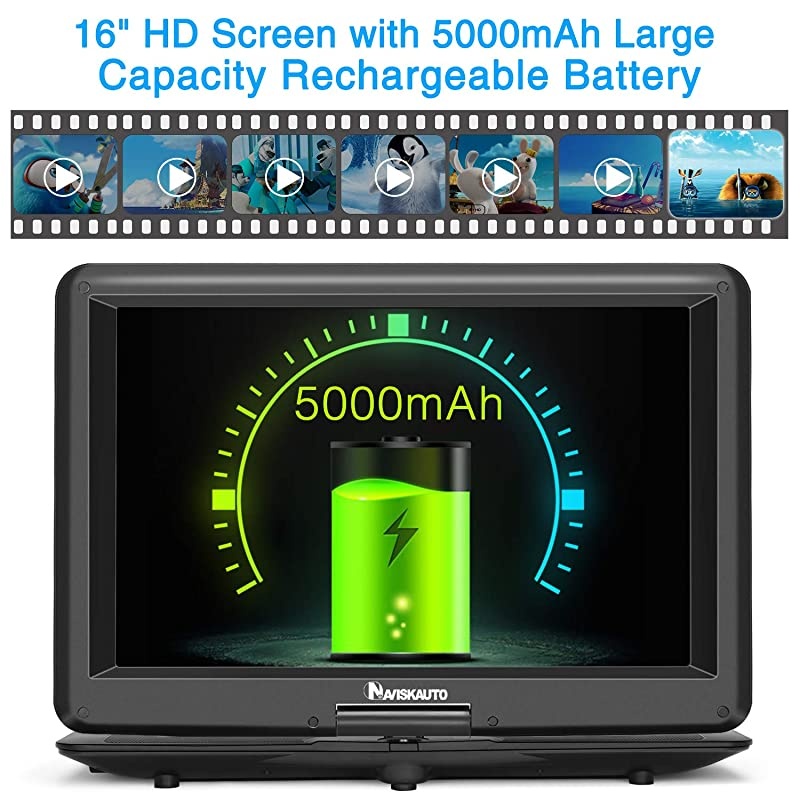 16" Portable DVD Player with HDMI Input Carrying Bag Rechargeable Battery Support 1080P MP4 USB Sync Screen Region Free