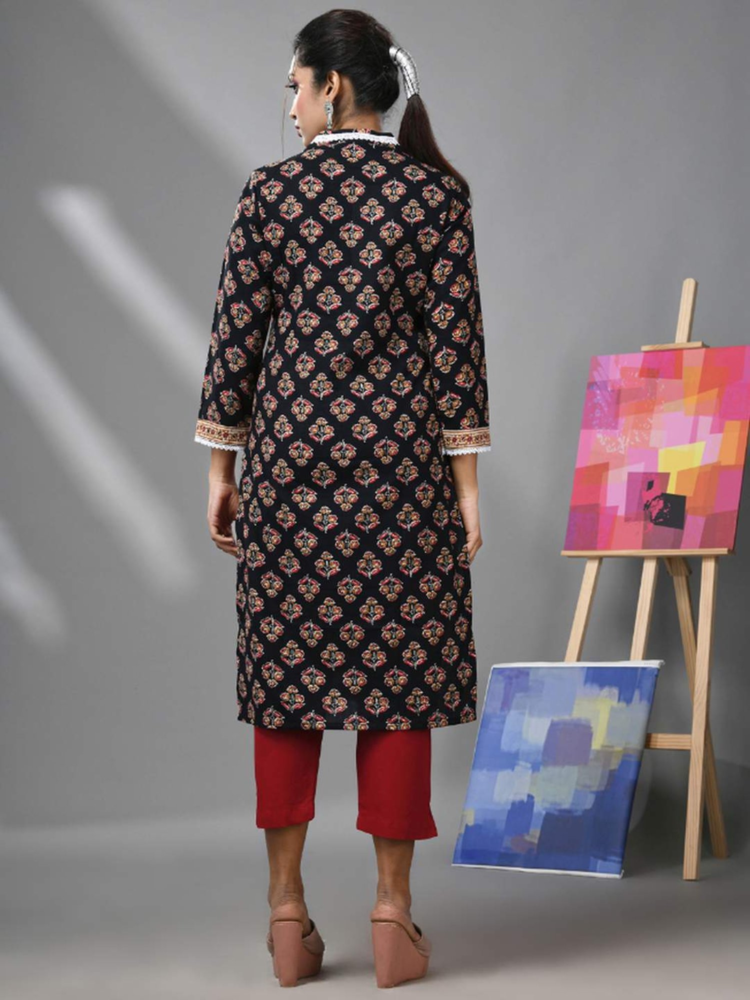 CHARUKRITI Black & Maroon Cotton Printed Kurta Pant Set