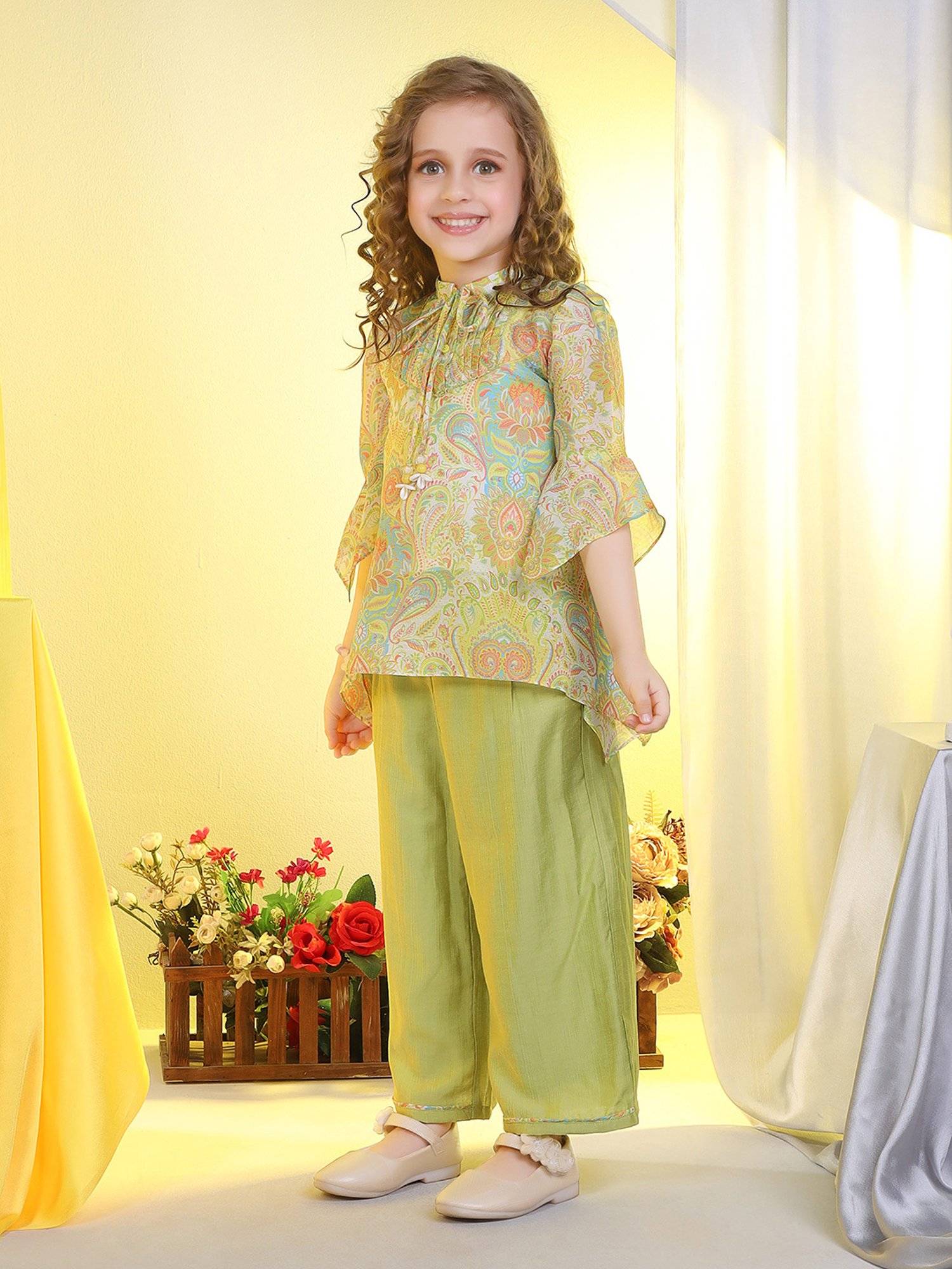 Peppermint Kids Green Printed Top, Inner with Pants