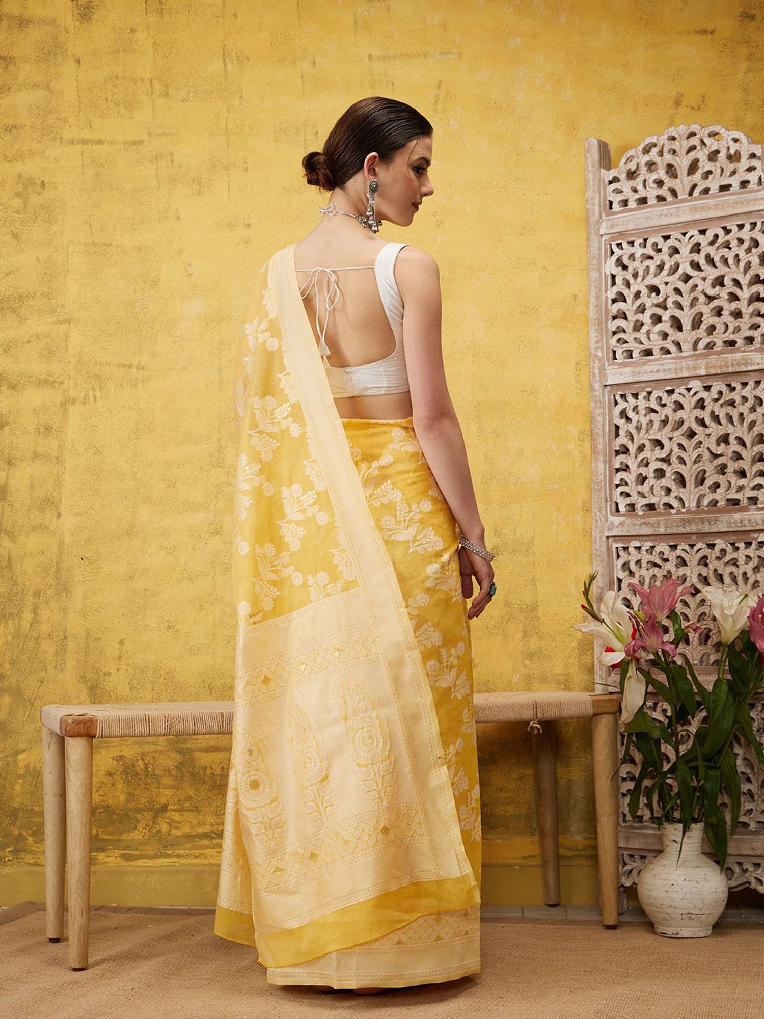 Silk Land Yellow Floral Print Saree With Blouse