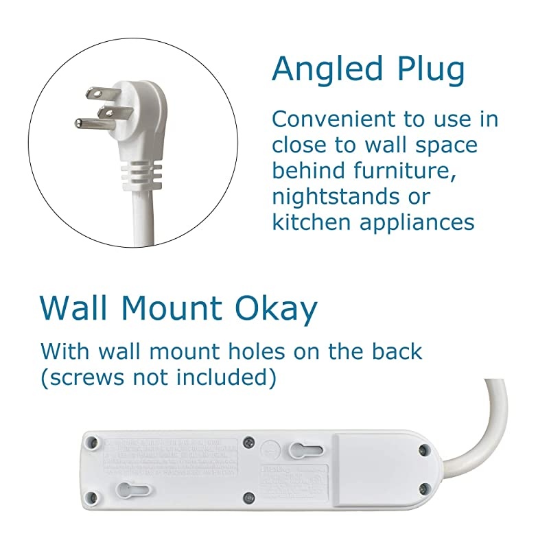 1604 4Outlet Power Strip 15A 125V 1875W 250 Joules 20Inch Short Cord with Angled Plug ETL Listed