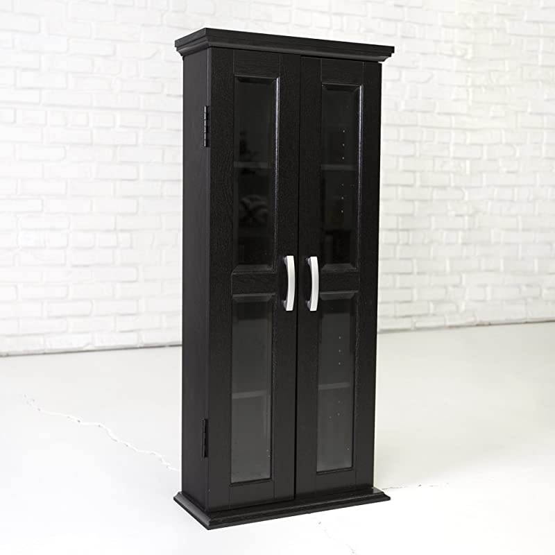 Edison 4 Tier Shelf Living Room Storage Tall Bookshelf Cabinet Doors Home Office Tower Media Organizer 41 Inch Black