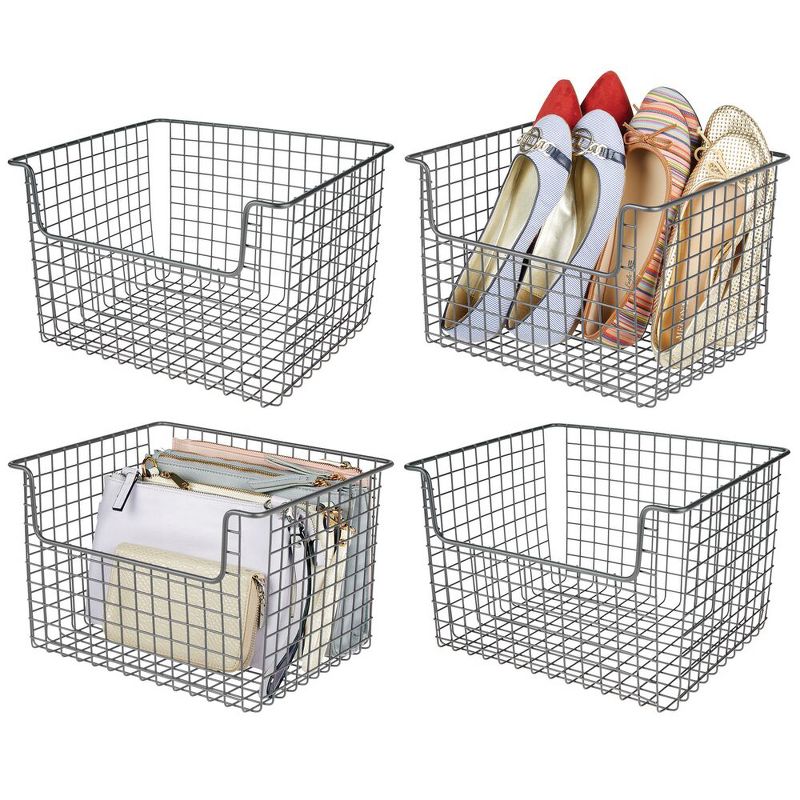 mDesign Wide Metal Storage Organizer Basket - Open Front, Closets, 4 Pack - Gray