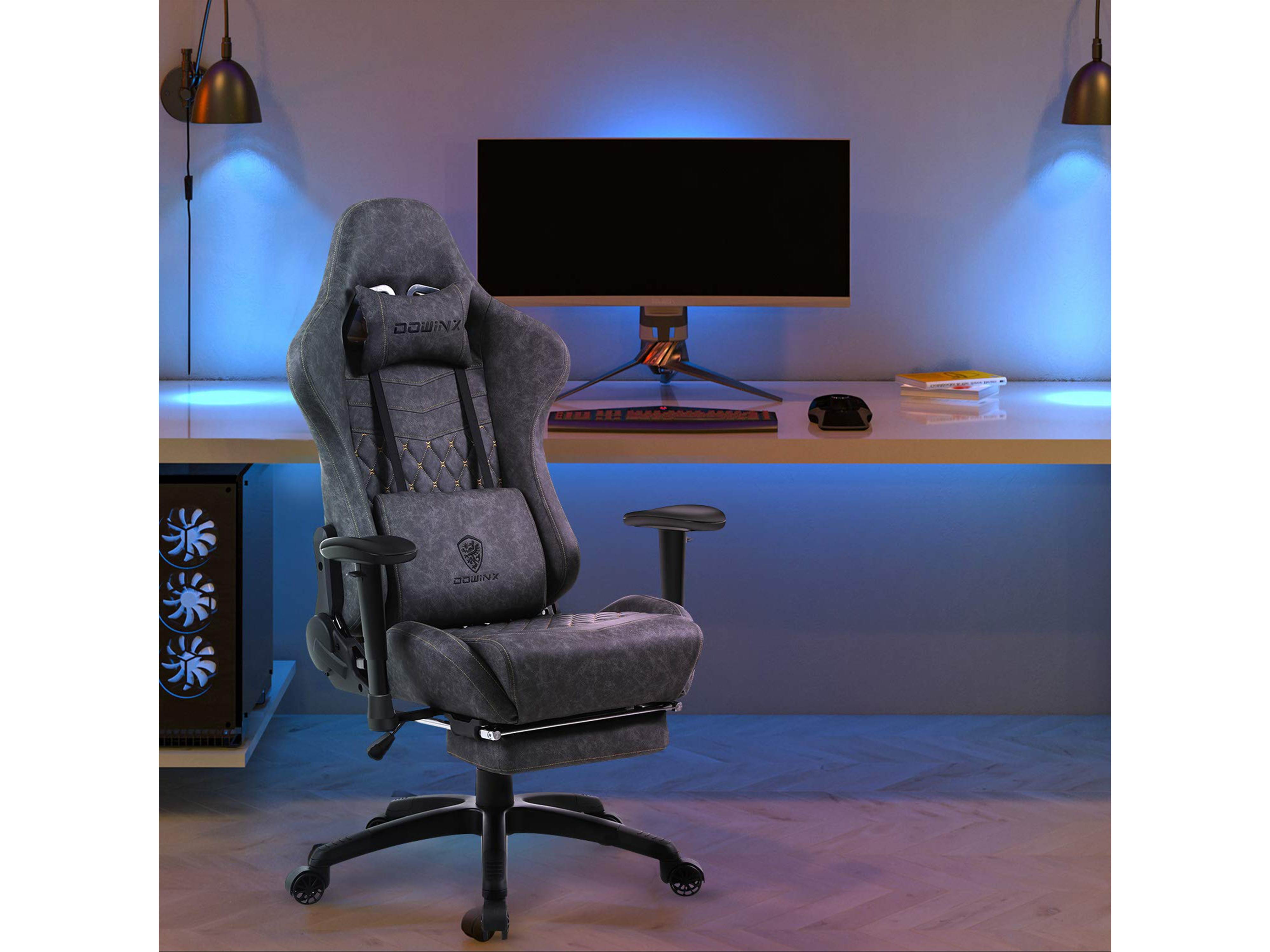 Dowinx Gaming Chair Ergonomic Retro Style Recliner with Massage Lumbar Support Office Armchair for Computer PU Leather with Retractable Footrest Grey