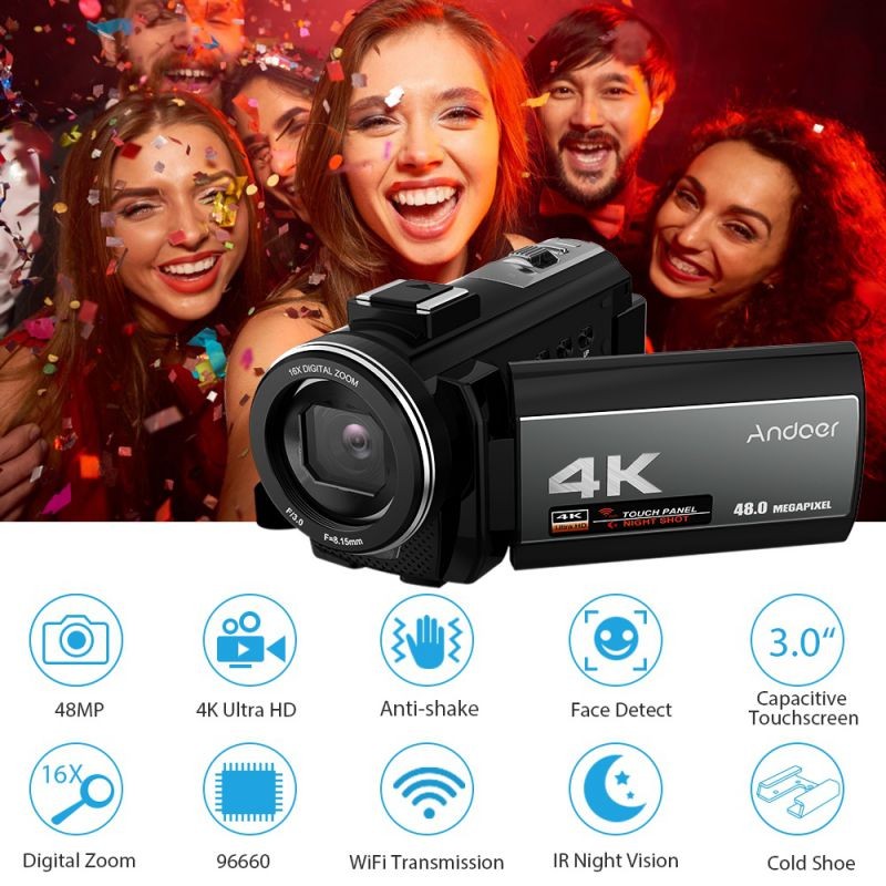 Andoer  Portable 4K  48MP WiFi Digital Video Camera Camcorder with External Microphone and 0.39X Wide Angle Lens 3.0 Inch Touch Screen IR Infrared Night-shot 16X Digital Zoom with 1pc 2000mAh