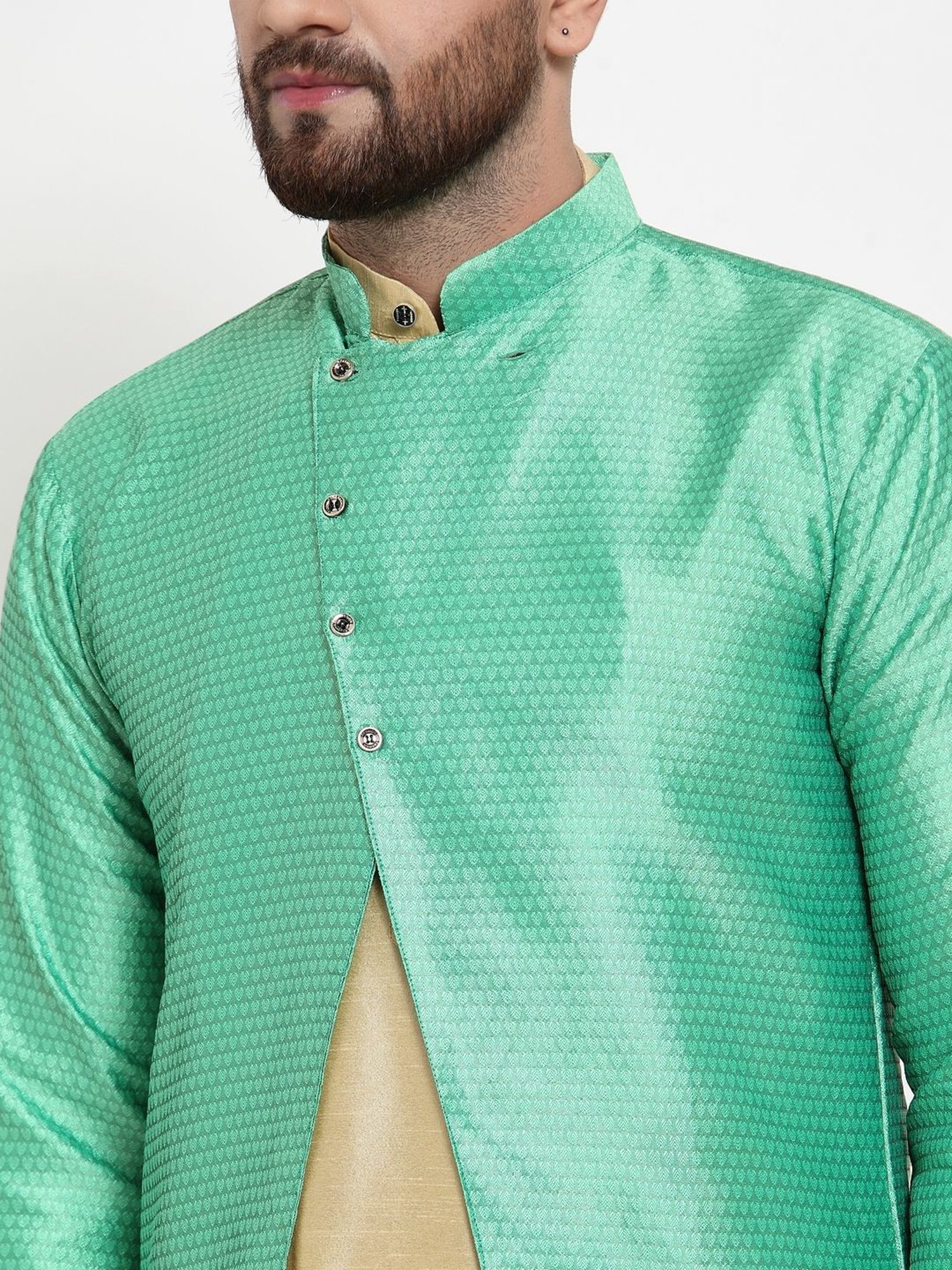 Benstoke Gold & Light Green Regular Fit Self Pattern Kurta Set With Jacket