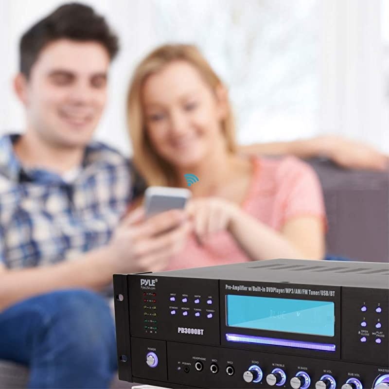4-Channel Home Theater Bluetooth Preamplifier - 3000 Watt Stereo Speaker Home Audio Receiver Preamp w/ Radio, USB, 2 Microphone w/ Echo for Karaoke, CD DVD Player, LCD, Rack Mount -  PD3000BT