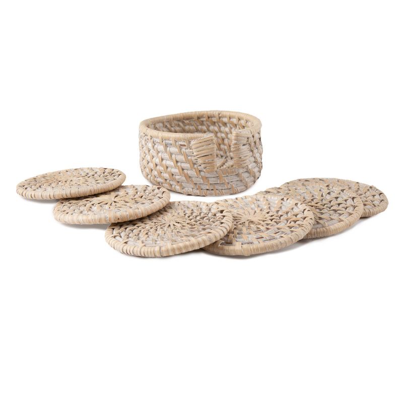 4pk Rattan Whitewash Coaster Set with Holder - Thirstystone