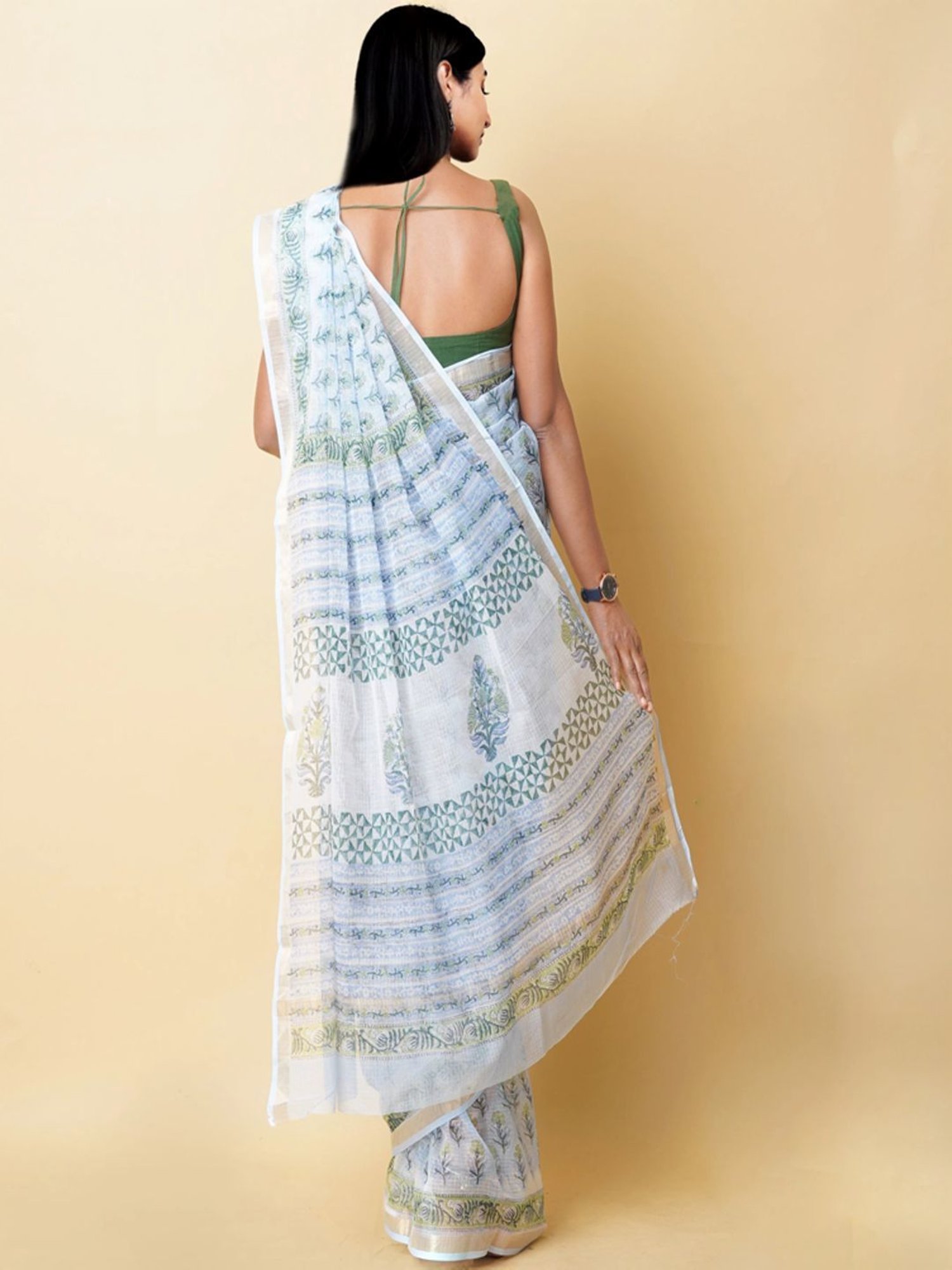 Unnati Silks White & Green Floral Print Saree With Unstitched Blouse