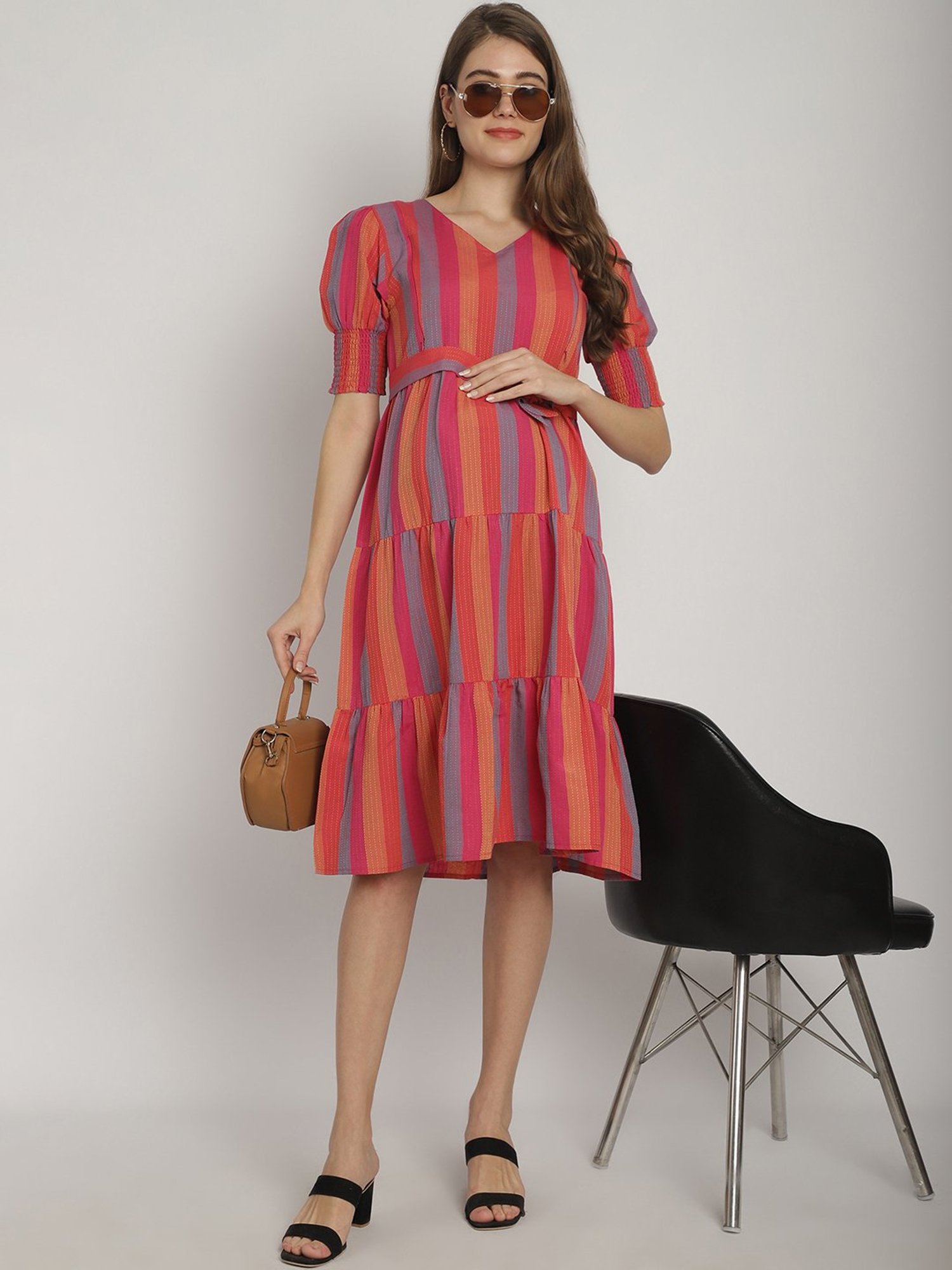 Moms Maternity Multicolor Striped Maternity Midi Dress