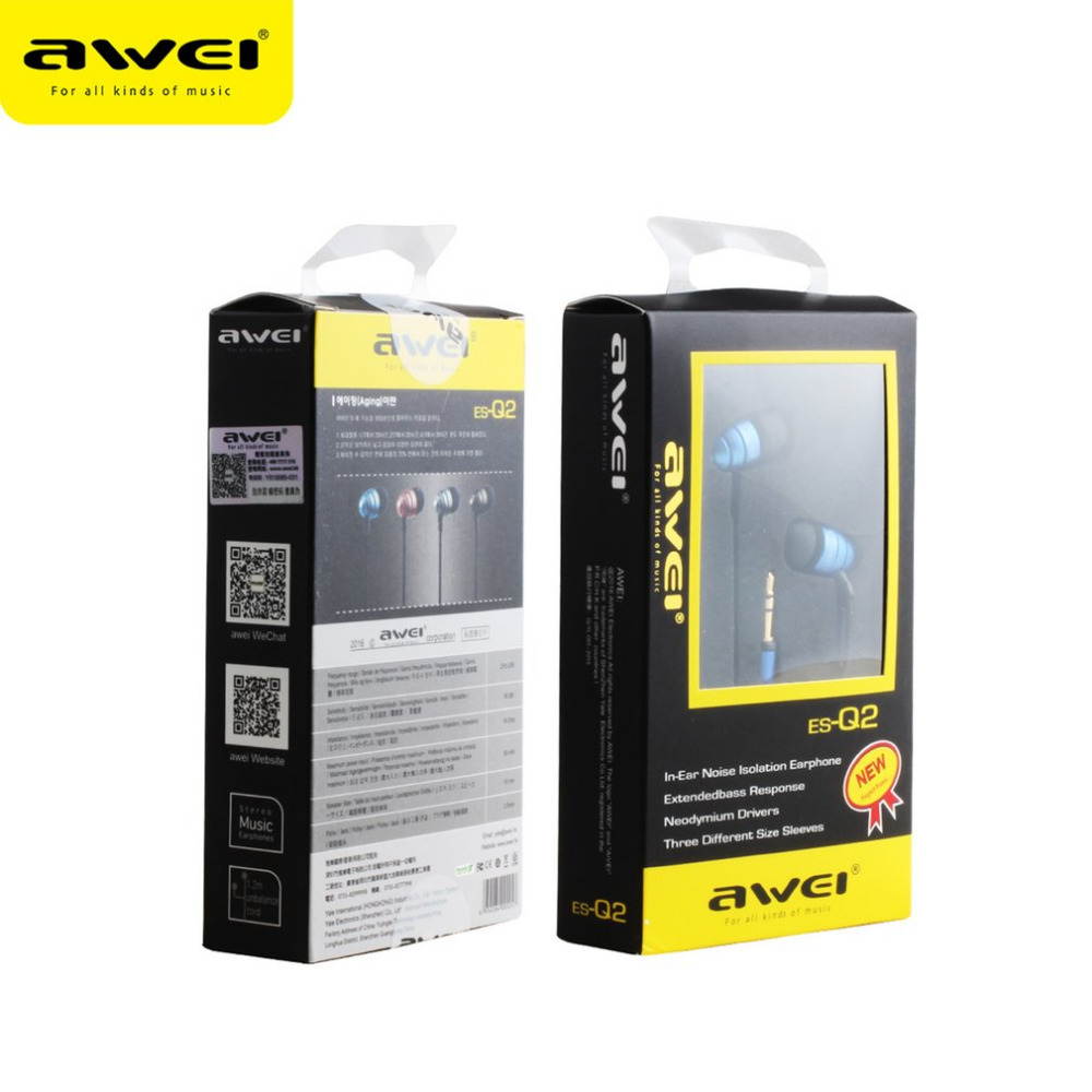 AWEI ESQ2 Fashionable Deisgn Metal 3.5MM Plug Stereo Music Deep Bass In-Ear Earphones with Microphone for Mobile Phones