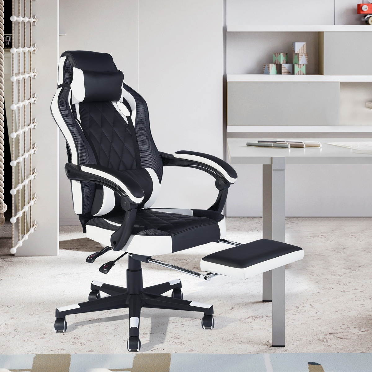 FurnitureR Gaming Chair Ergonomic High Back Computer Chair with Height Adjustment, Footrest and Headrest, White