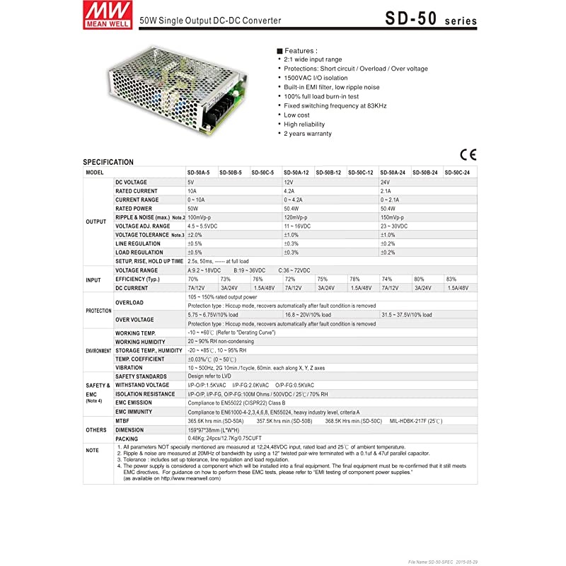SD-50A-24 Power Supply, Single Output, 24 Volt, 2.1 A, 50.4 W, 5-Pin, 6.3" L x 3.8" W x 1.5" H