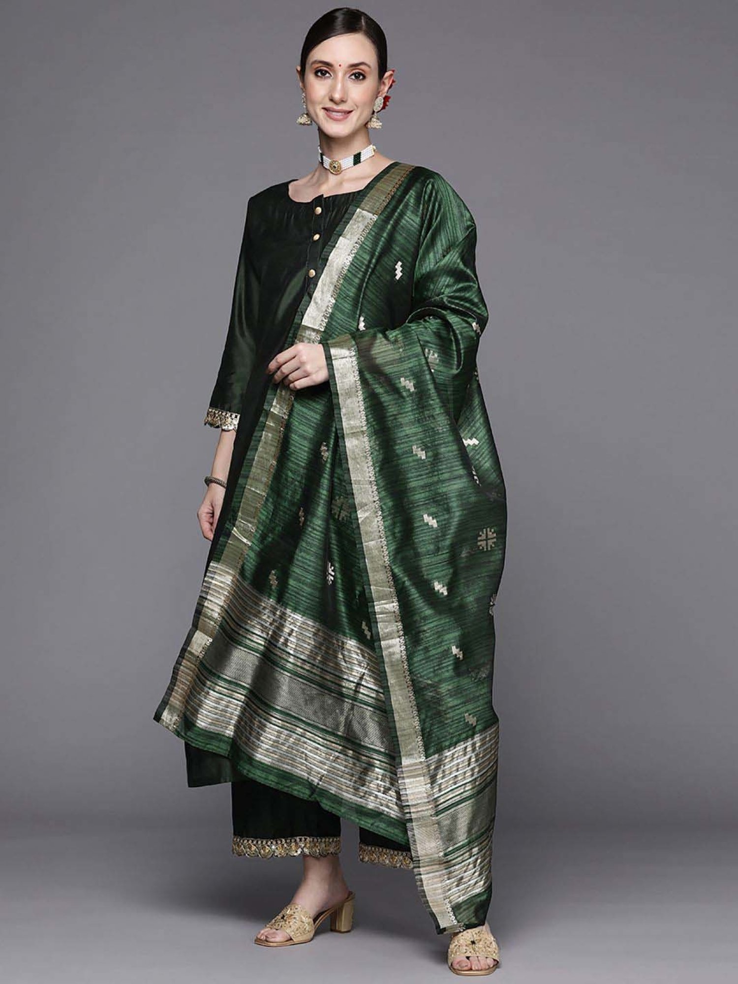 Indo Era Green Pure Cotton Kurta Palazzo Set With Dupatta