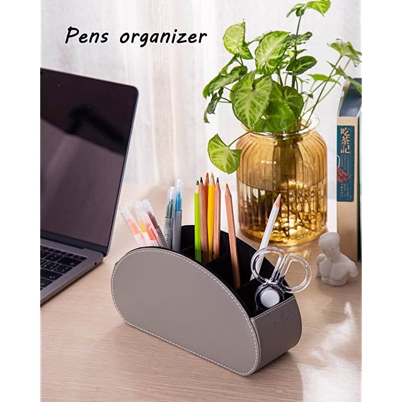 Remote Control Holders Organizer Box with 5 Compartment PU Leather Multi-functional Office Organization and Storage Caddy Store Remote Holders,Brush,Pencil,Glasses and Media Player (2GARY)