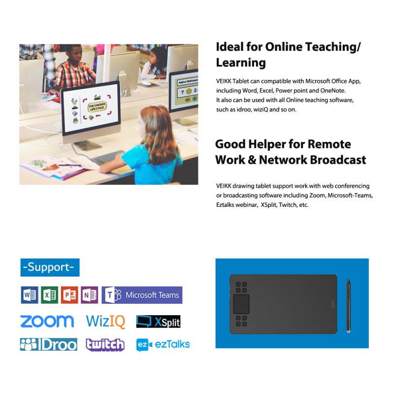 VEIKK A50 10x6 inch Digital Graphics Drawing Tablet Pen Tablet with 8192 Levels Battery-Free Pen and Smart Gesture Touch & 8 Hotkeys