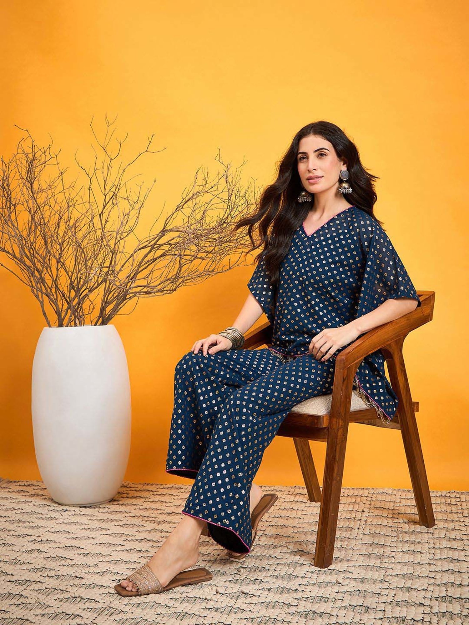 The Kaftan Company Blue Printed Top Pants Set