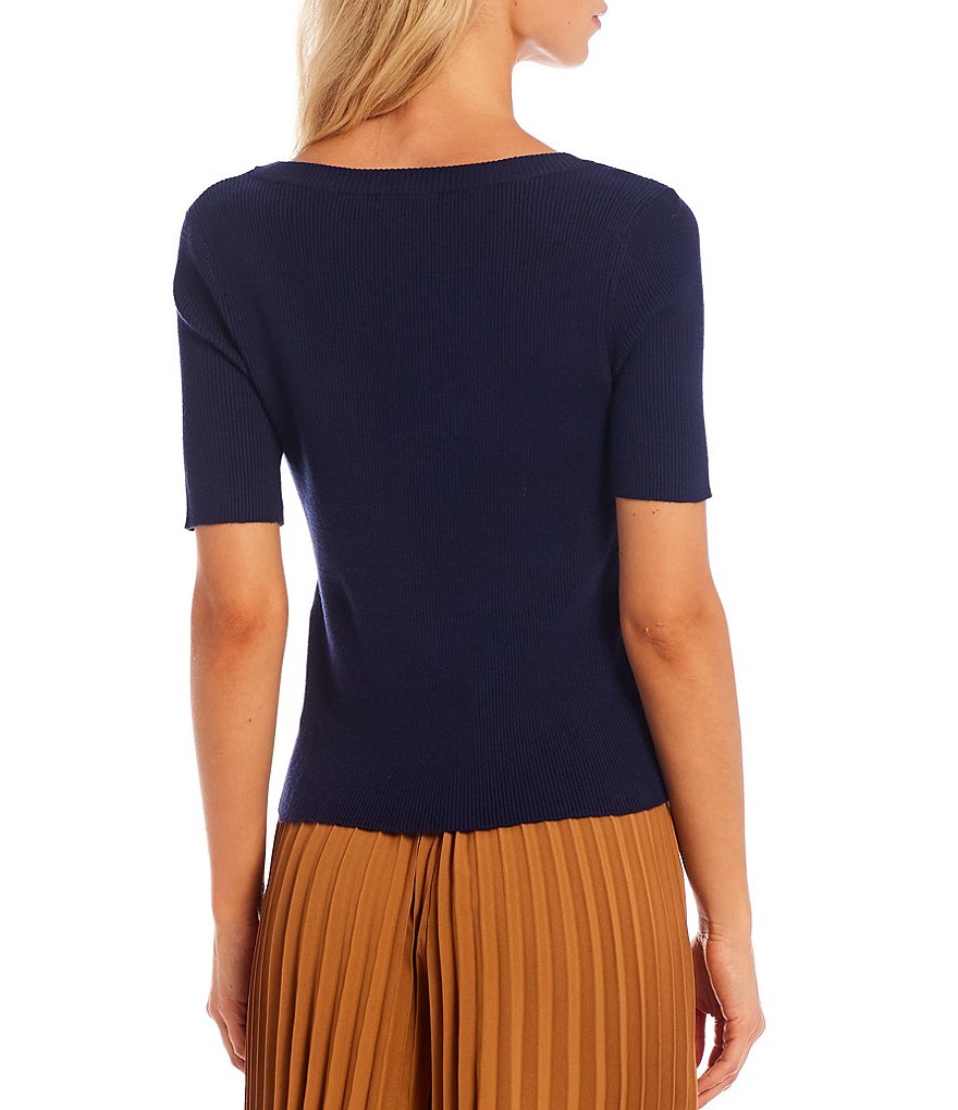 Skies Are Blue Square Neck Short Sleeve Ribbed Sweater Knit Top