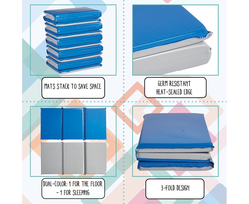 ECR4Kids Everyday 3-Fold Rest Mat, 2in Thick, Toddler Rest Time Sleeping Mat, 5-Pack - Blue/Grey