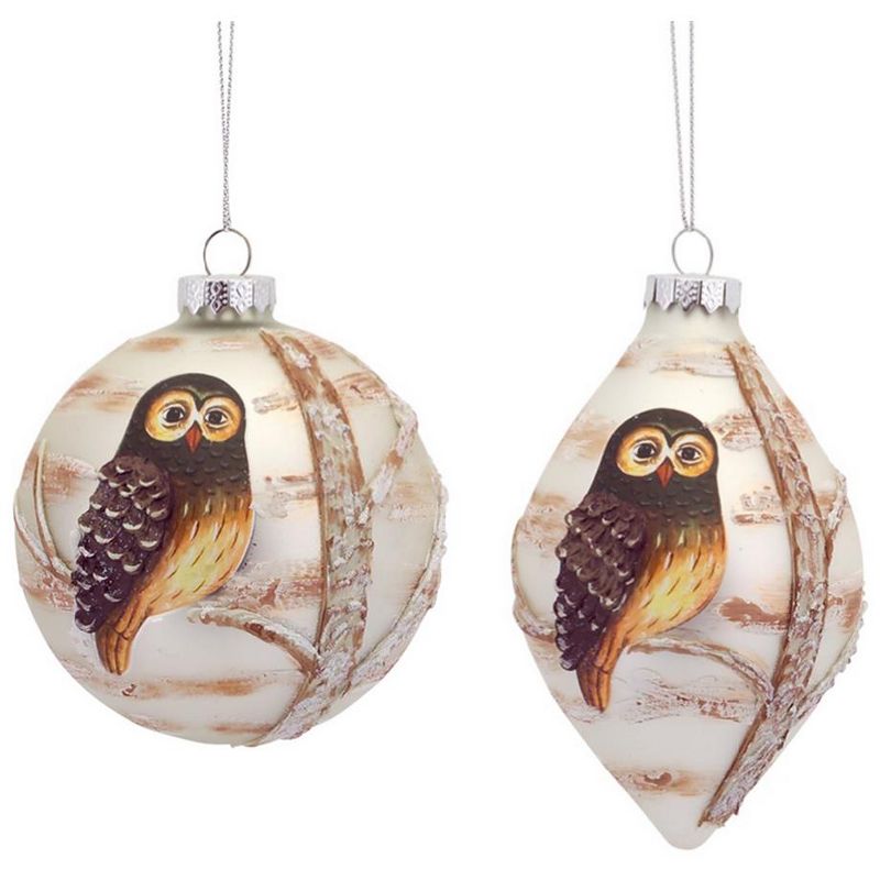 Melrose Pack of 6 Woodland Owl Embellished Painted Glass Ball and Drop Christmas Ornaments