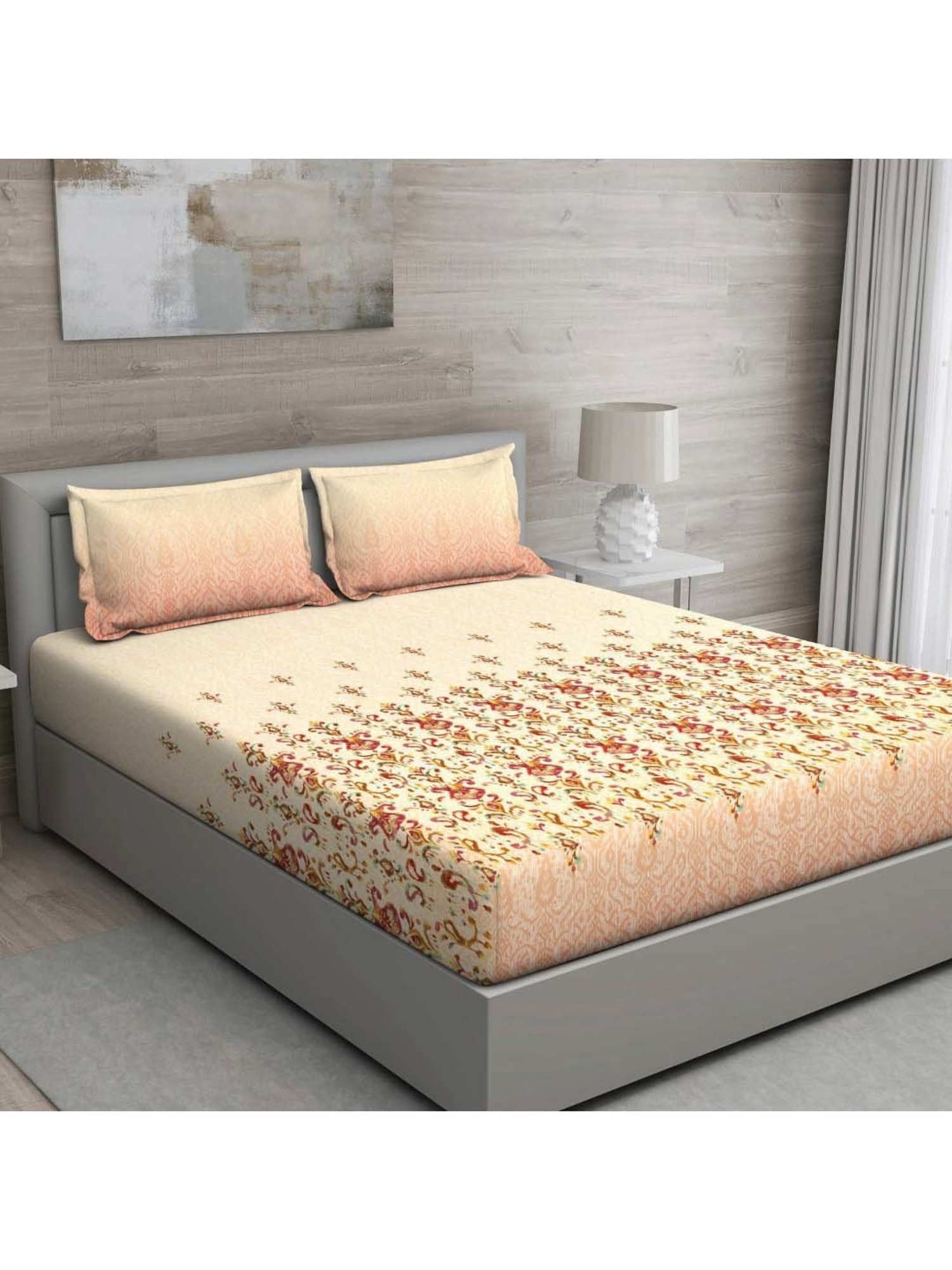 GM 'Matthiola' Beige & Red Cotton 150 TC Double Bedsheet with 2 Pillow Covers